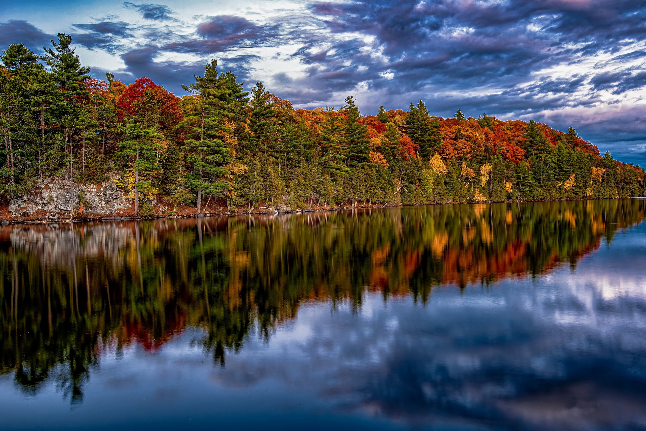 fall, reflection, trees, landscape, nature, water, Canada, HD Wallpaper