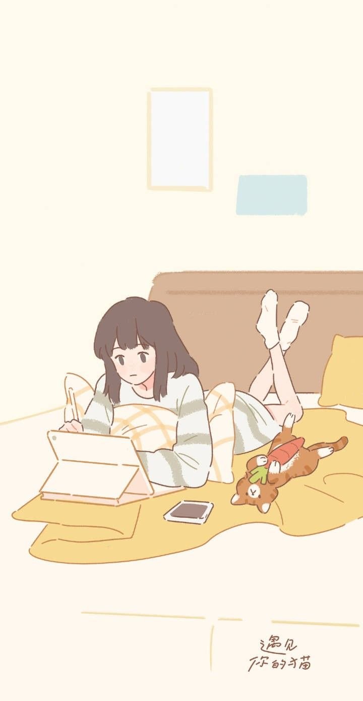 Girl studying cartoon Wallpaper Download