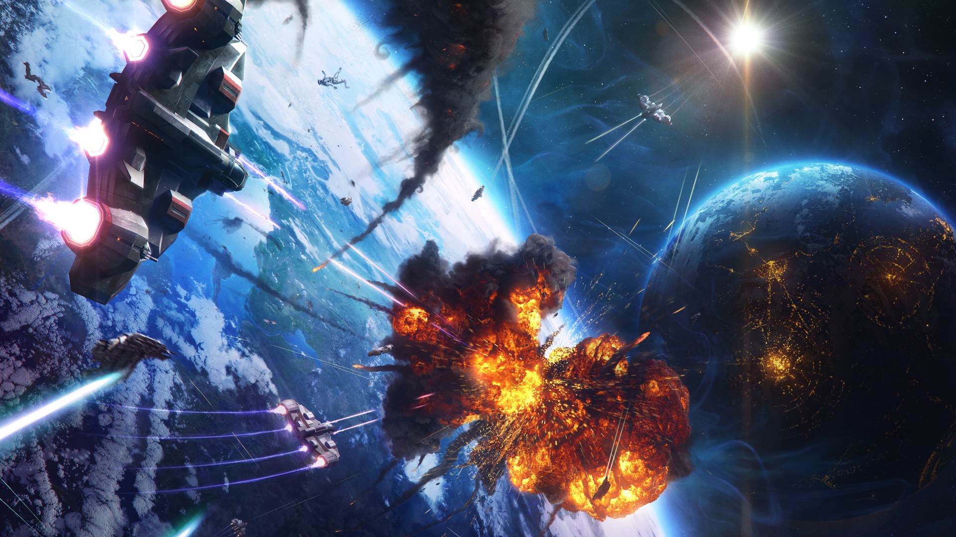 Wallpaper, planet, sky, battle, Earth, science fiction, spaceship, world, atmosphere, explosion, darkness, screenshot, 1920x1080 px, computer wallpaper, special effects, outer space, pc game, phenomenon, visual effects 1920x1080