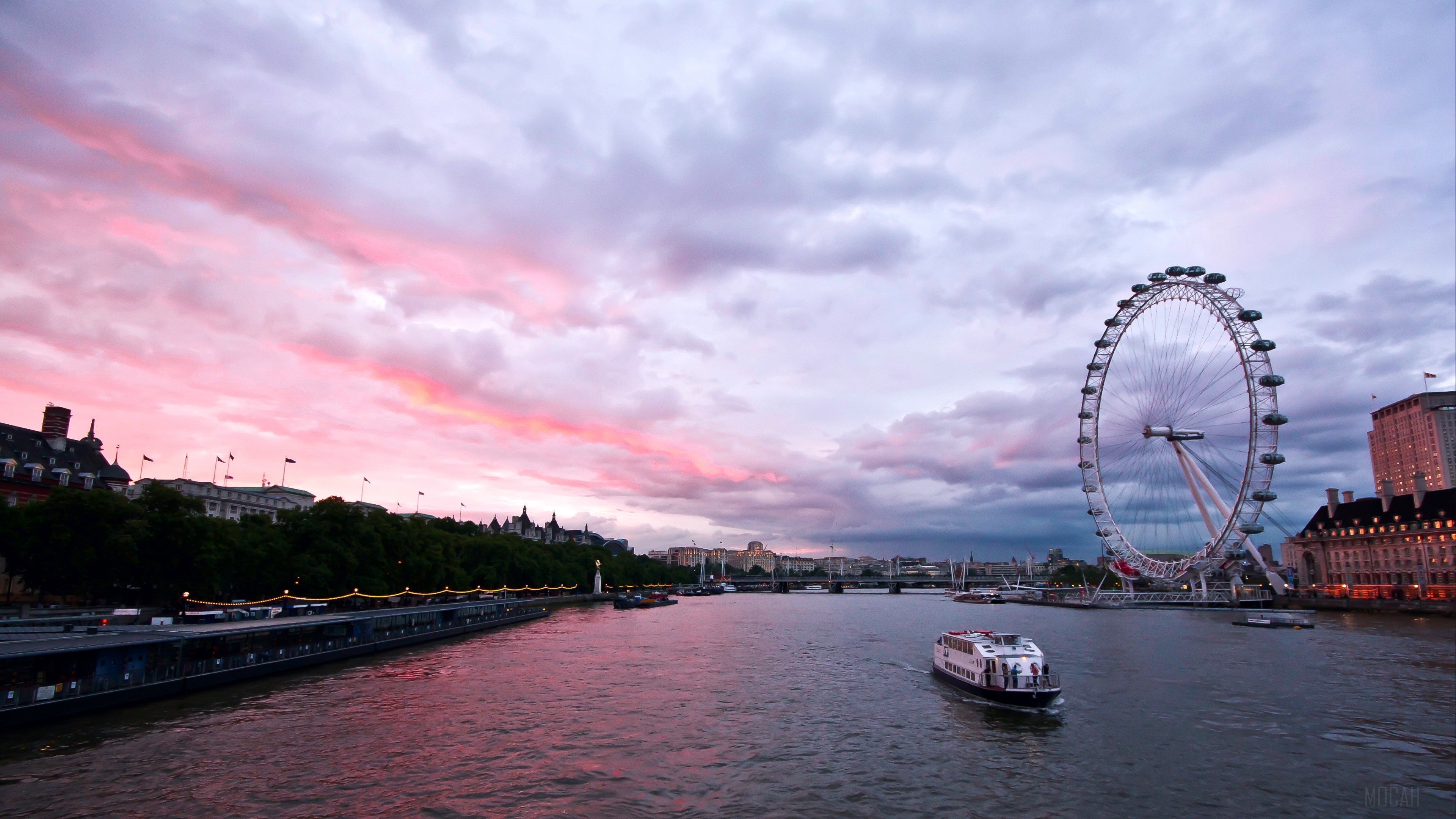 uk, england, london, capital, ferris wheel, night, building, architecture, promenade, river, thames, sky, clouds 4k Gallery HD Wallpaper