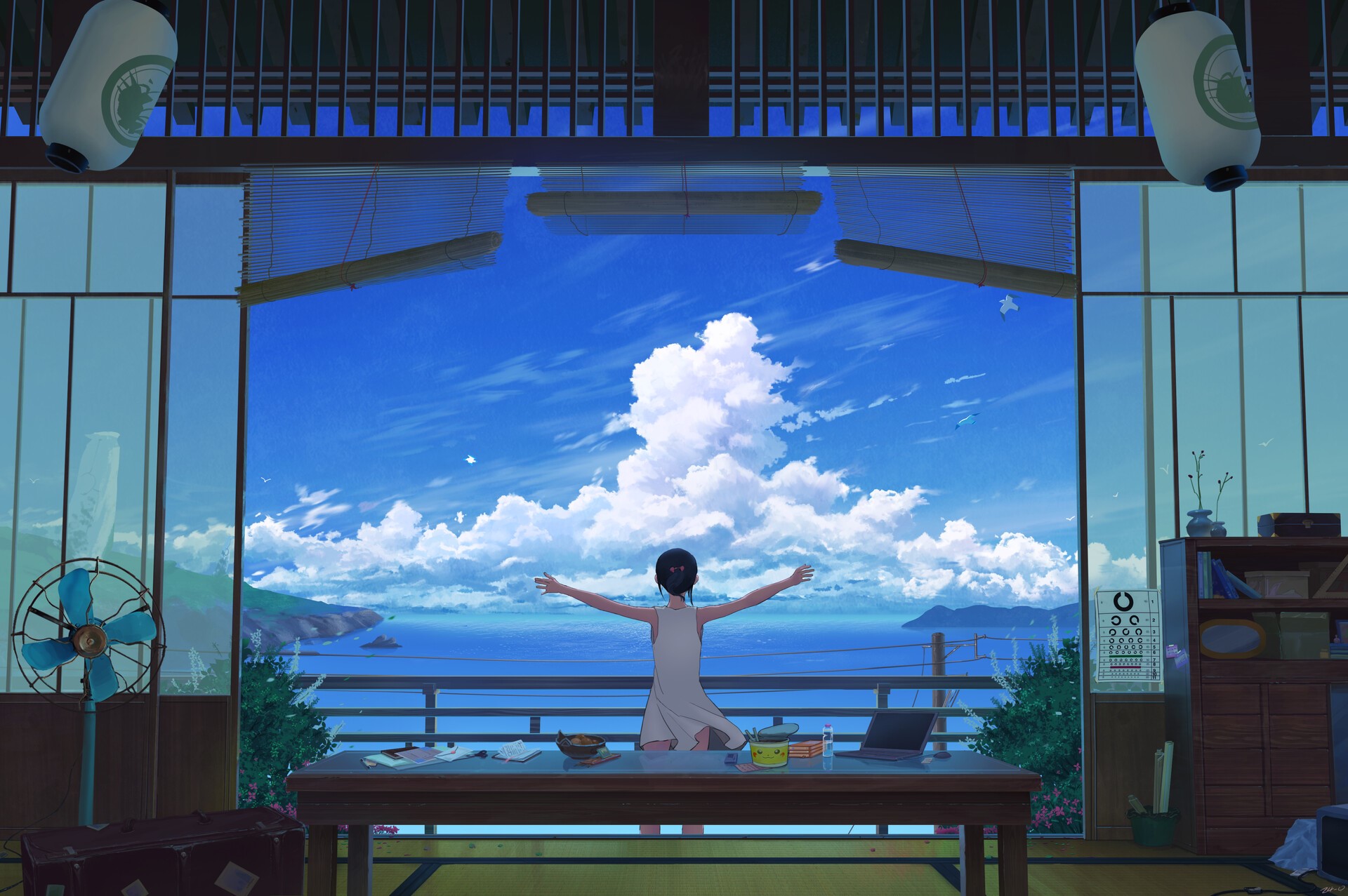 clouds, Asian, digital art, artwork, Japanese, Pikachu, summer, LoFi Gallery HD Wallpaper