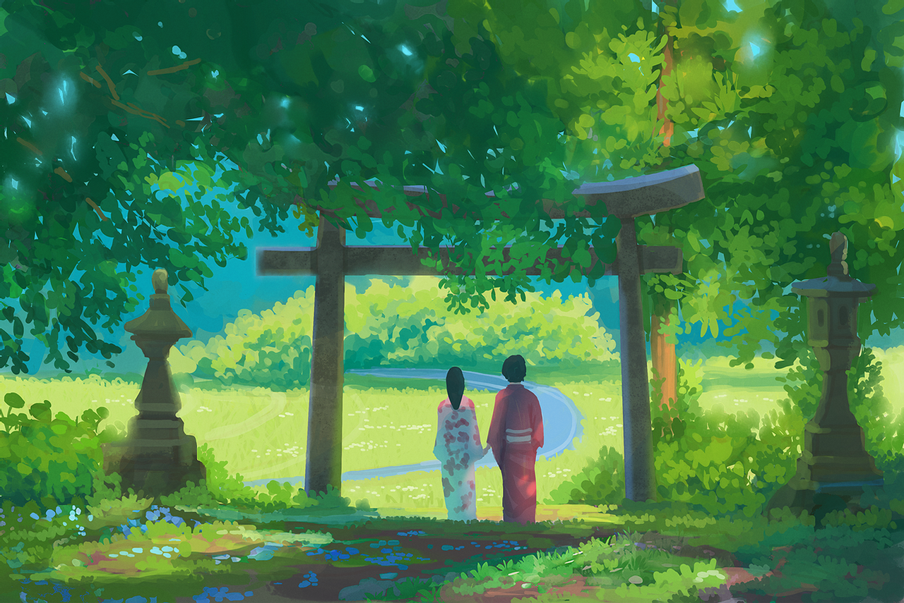 Japanese Art, digital painting, torii, trees, landscape, digital art, Gydw1n Gallery HD Wallpaper