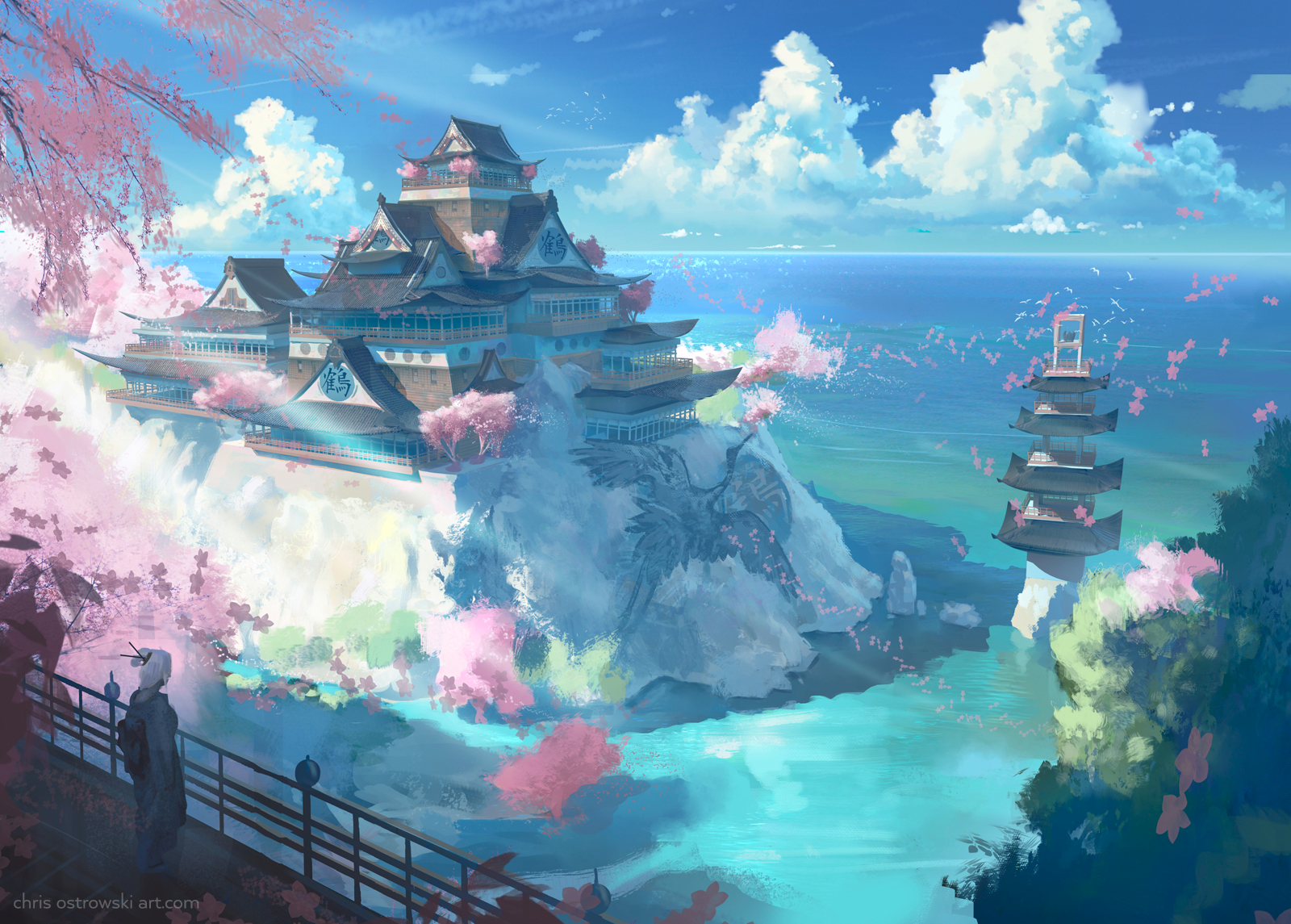pink, landscape, Japan, nature, water, fantasy city Gallery HD Wallpaper