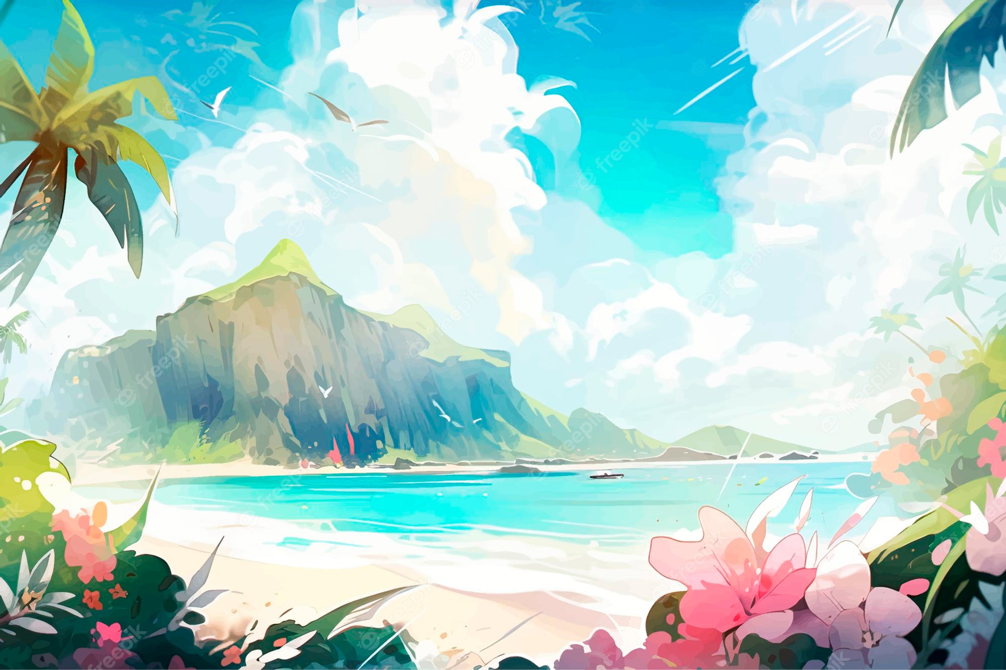 Premium Vector. Tropical summer hawaii landscape in japanese anime style