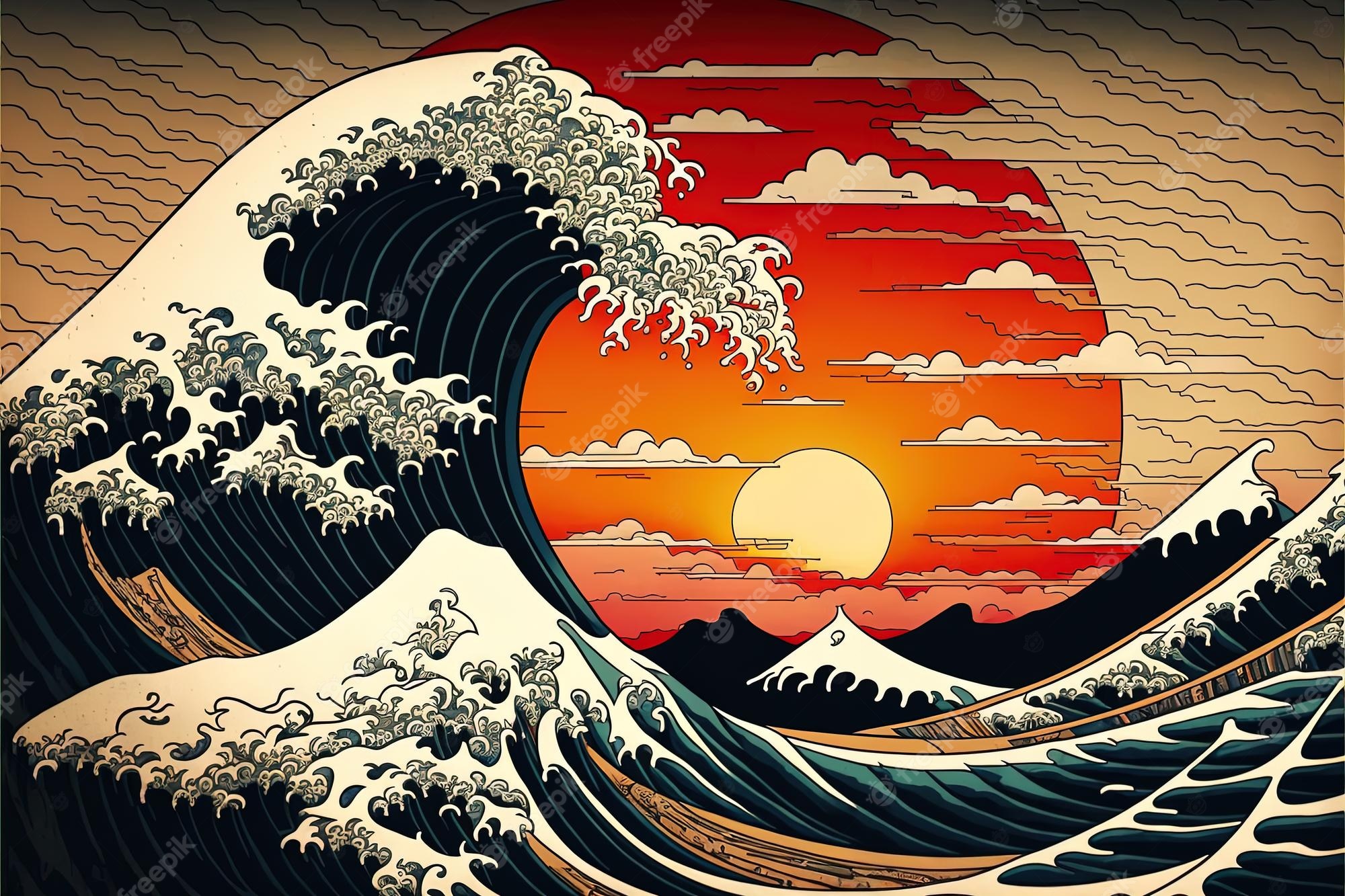 Premium Photo. Wave hokusai on raising sun background in japanese style ai generated big tsunami in traditional oriental style