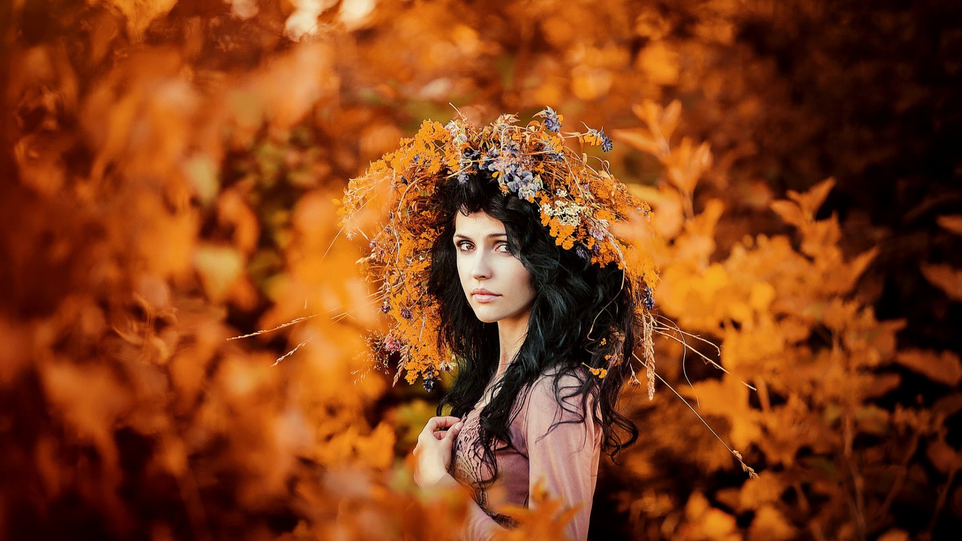 Wallpaper, fall, women outdoors, photography, black hair, fashion, wreaths, autumn, flower, beauty, season, 1920x1080 px 1920x1080