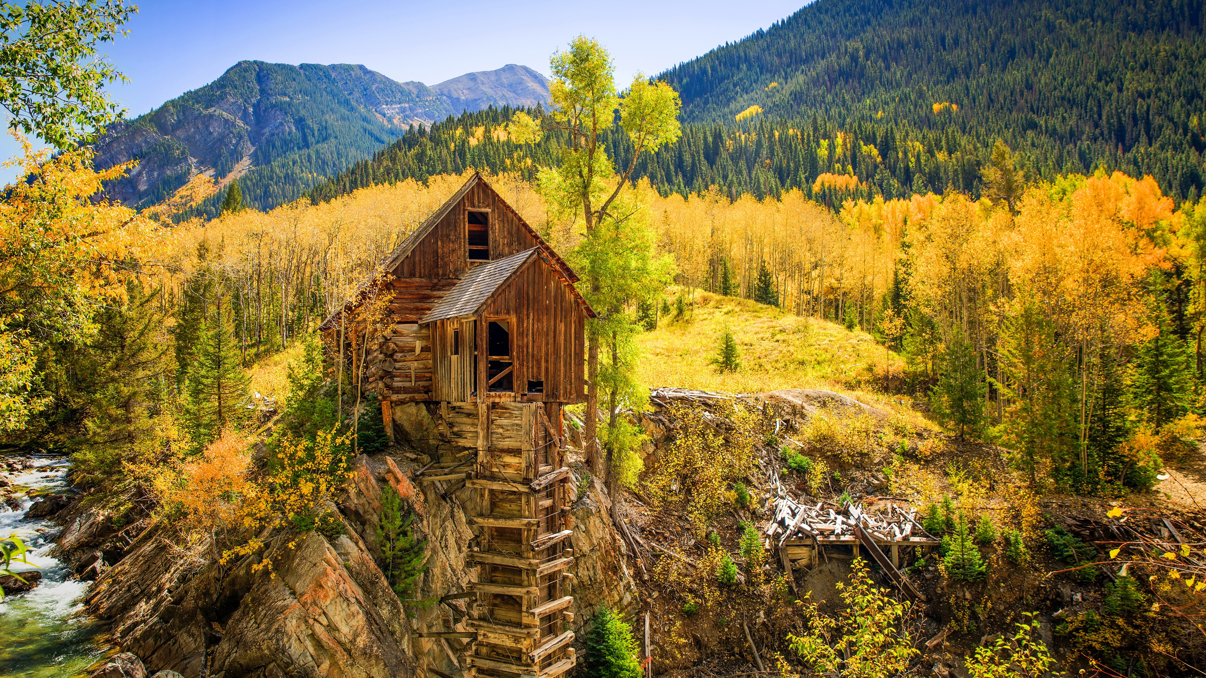 Wallpaper Colorado, water mill, Crystal Mill, forest, autumn, USA 3840x2160 UHD 4K Picture, Image