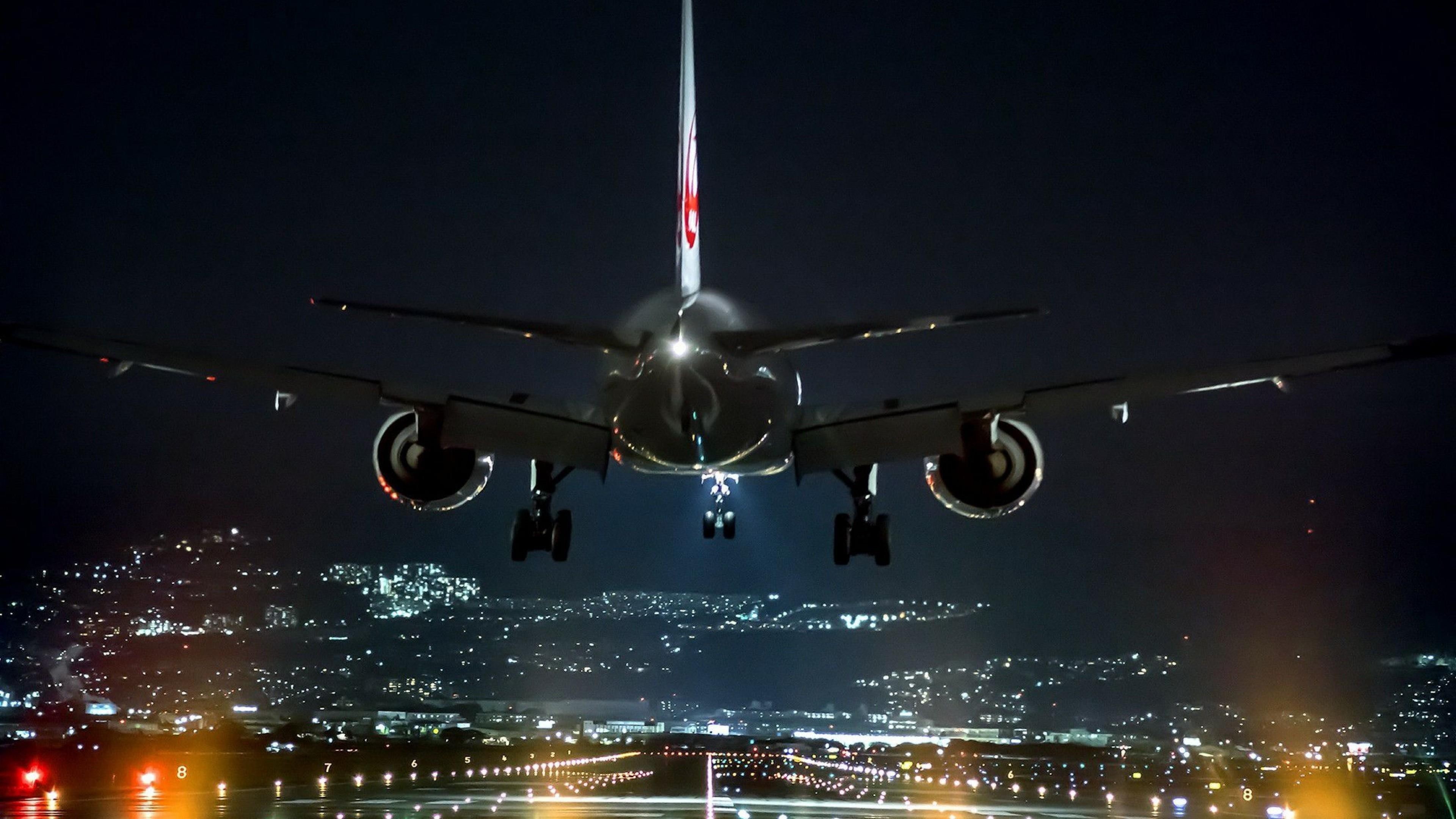Wallpaper / flight, airplane, airline, airliner, landing, sky, aircraft, 4K, airbus, aviation, night, air travel free download