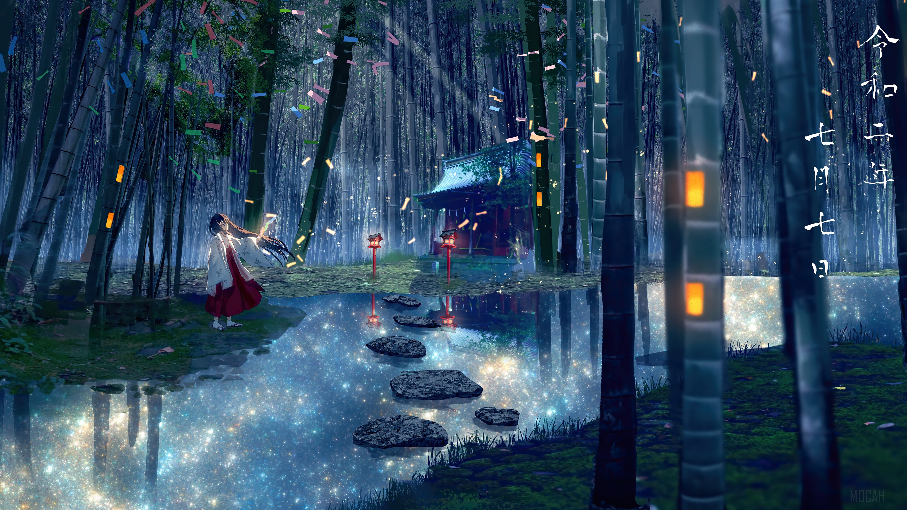 Anime, Girls, Bamboo, Forest, Shrine 4k Gallery HD Wallpaper