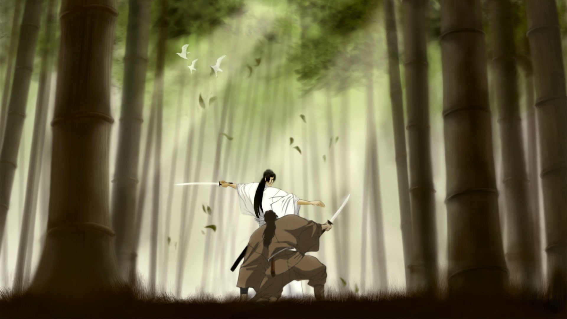 Wallpaper / 1080P, anime, hair, grass, fighter, swords, kimono, duel, warriors, forest, birds, trees, bamboo, samurai, sunbeams, long free download
