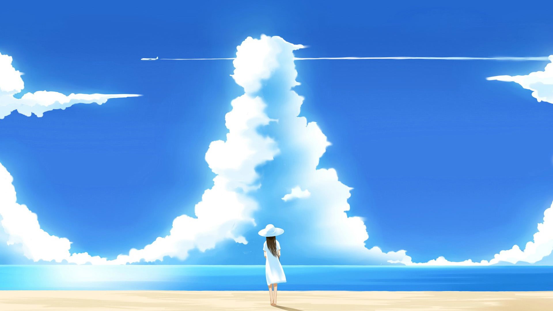 Wallpaper / sky, clouds, outdoor, environment, sunny, sea, water, clear, light, scenic, wind, cloudy, cloud, weather, anime, travel, air, season, scenery, grass, high free download