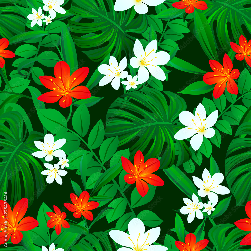 Green tropic repeat texture. Summer floral background. Exotic leaves, flowers. Vector wallpaper. Colored backdrop with tropical jungle plants. Bright colors. Green, red, white. Stock Vector