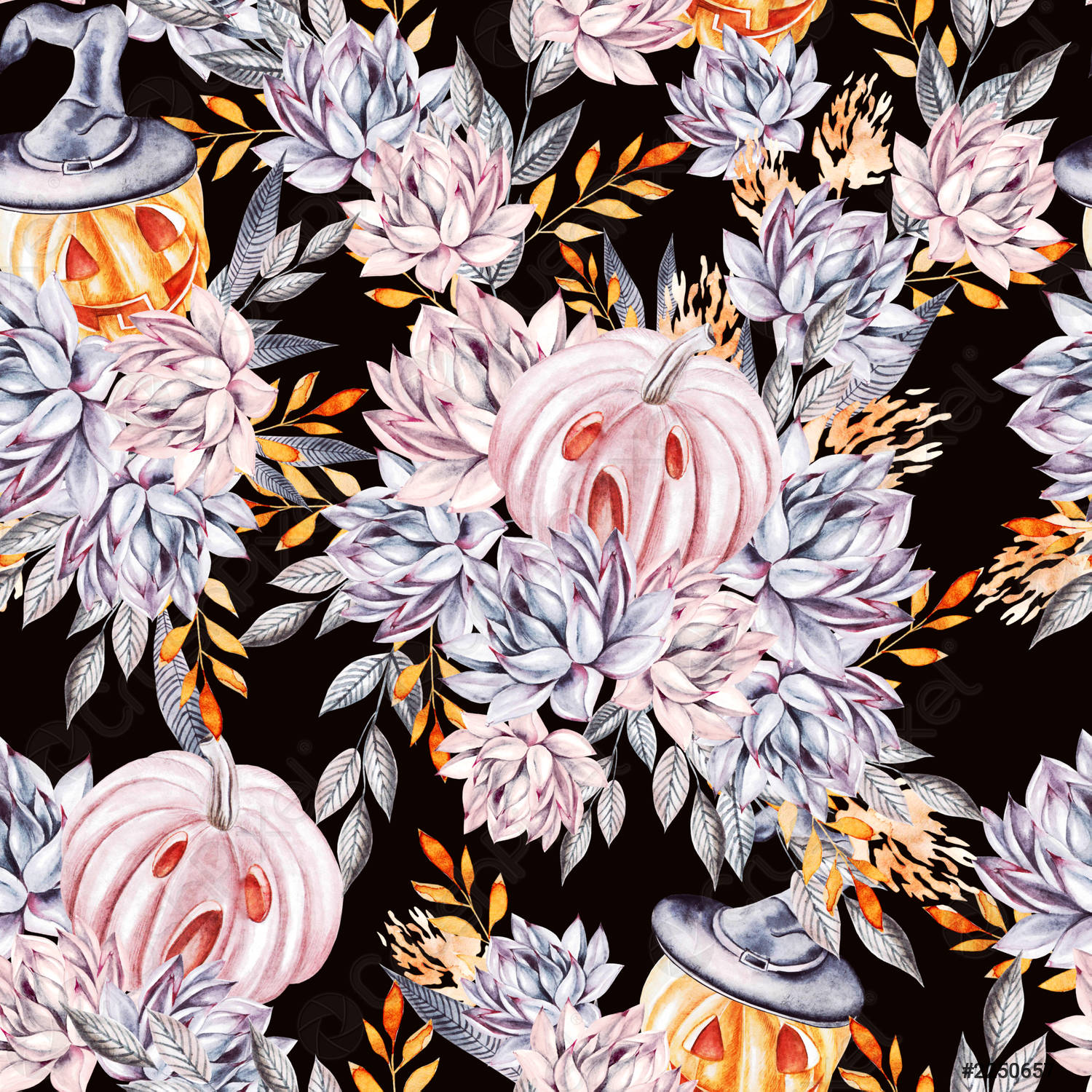 Watercolor succulents and pumpkins seamless pattern Seamless texture with objects