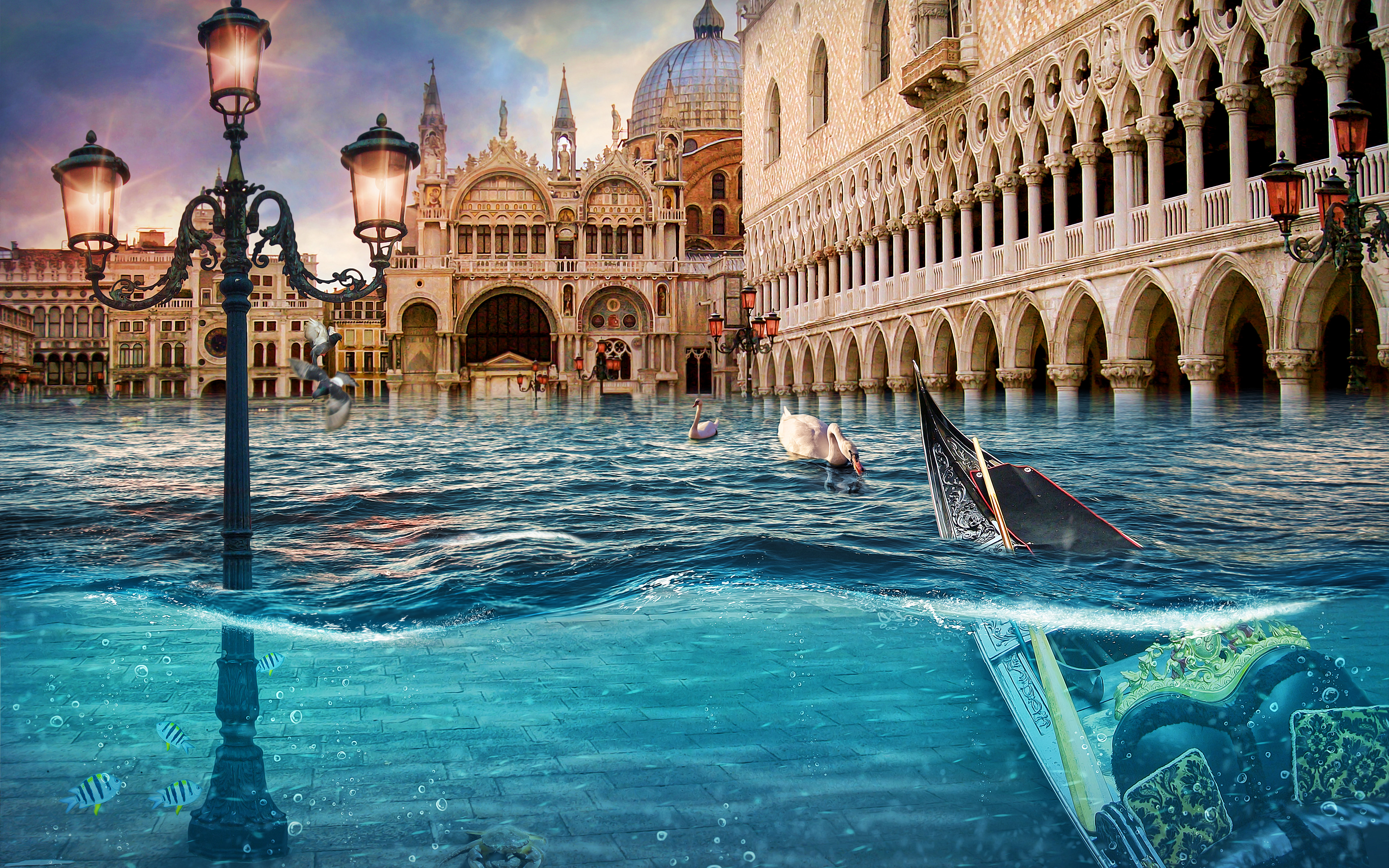 Download wallpaper Flooded Venice, 4k, HDR, deluge, artwork, cataclysm, Italy, Europe, italian cities, Venice for desktop with resolution 3840x2400. High Quality HD picture wallpaper