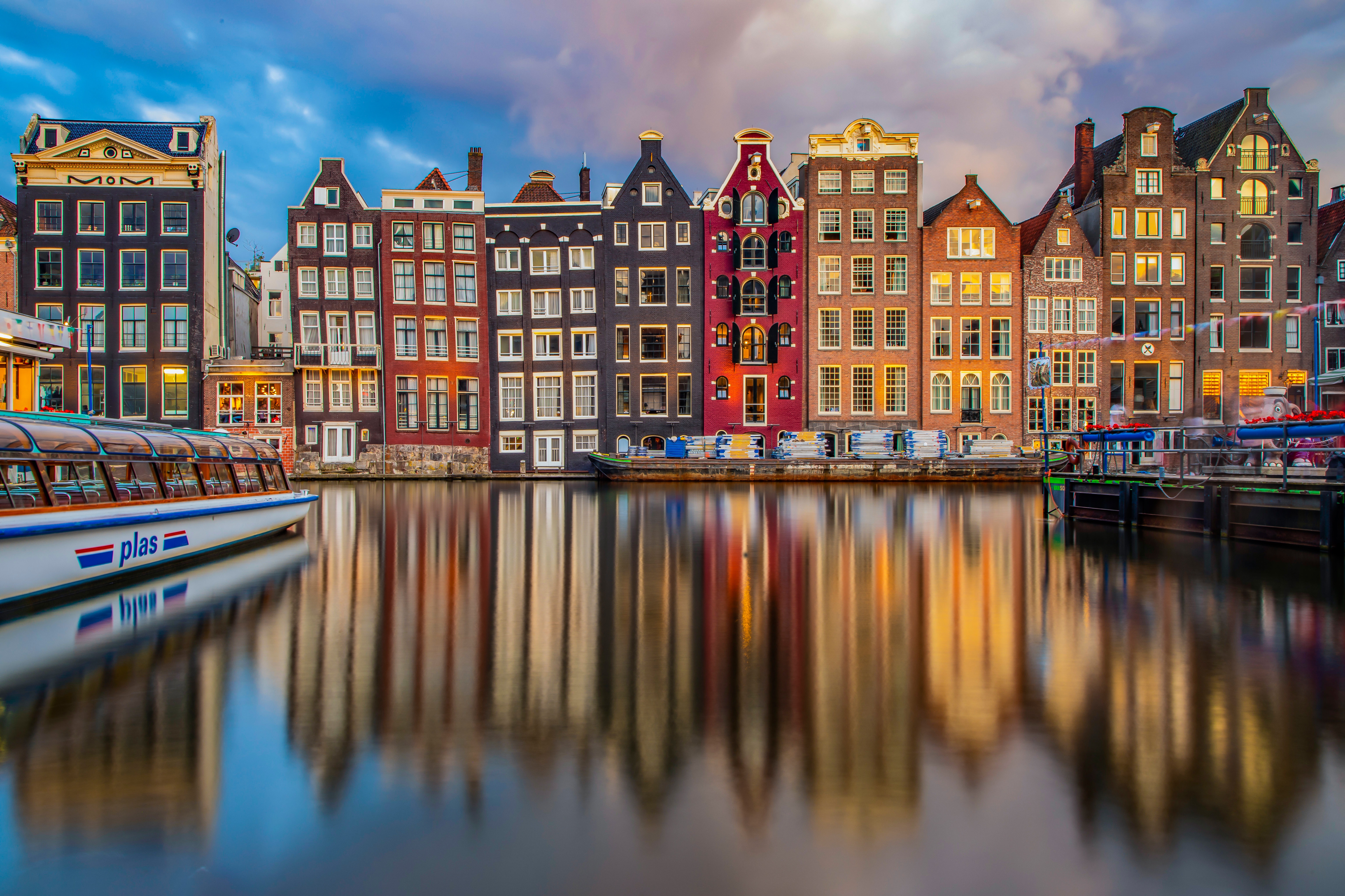 HD desktop wallpaper: Cities, Building, Reflection, House, Boat, Netherlands, Amsterdam, Man Made, Canal download free picture