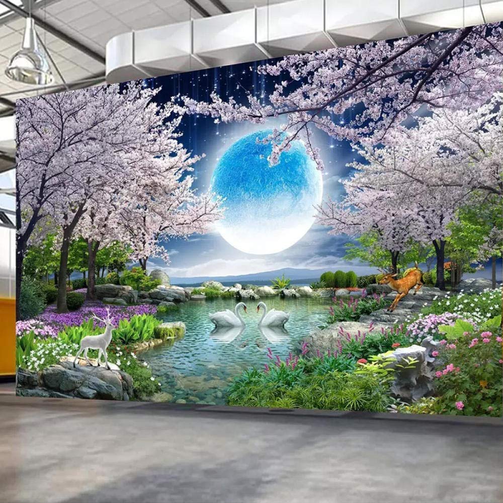 Custom 3D Wallpaper Moon Cherry Blossom Tree Landscape Wall Painting Mural Bedroom 250X170Cm, Tools & Home Improvement