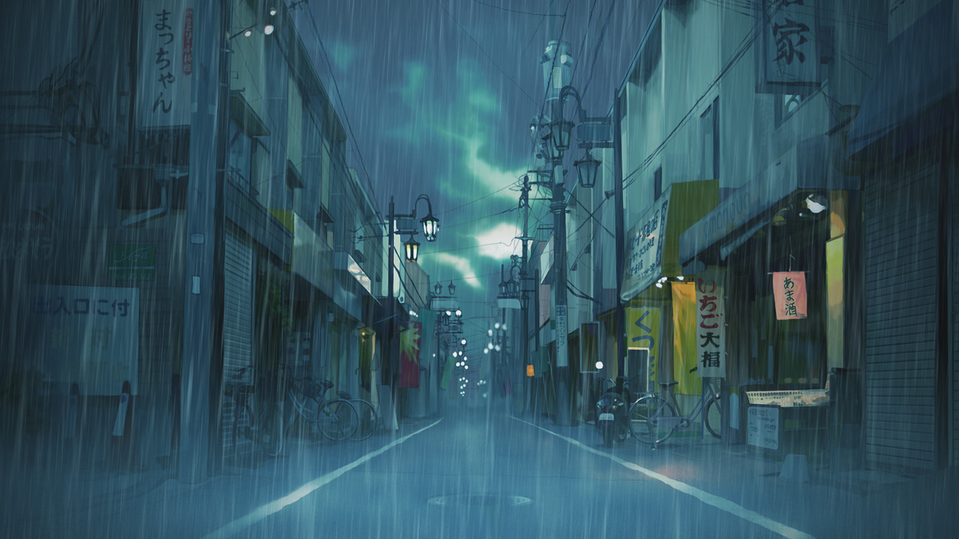 Wallpaper, 1920x1080 px, Asian, cityscape, clouds, illustration, Japan, landscape, rain, street 1920x1080