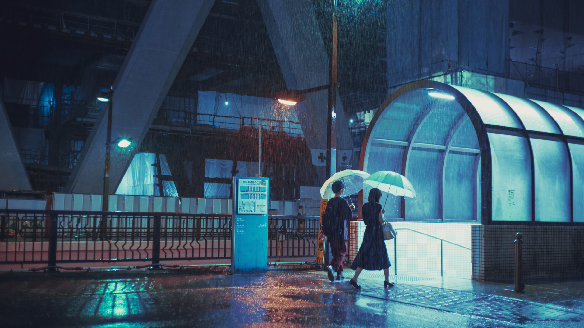 Wallpaper, Japan, rain, digital art, artwork, umbrella, lights 1920x1080