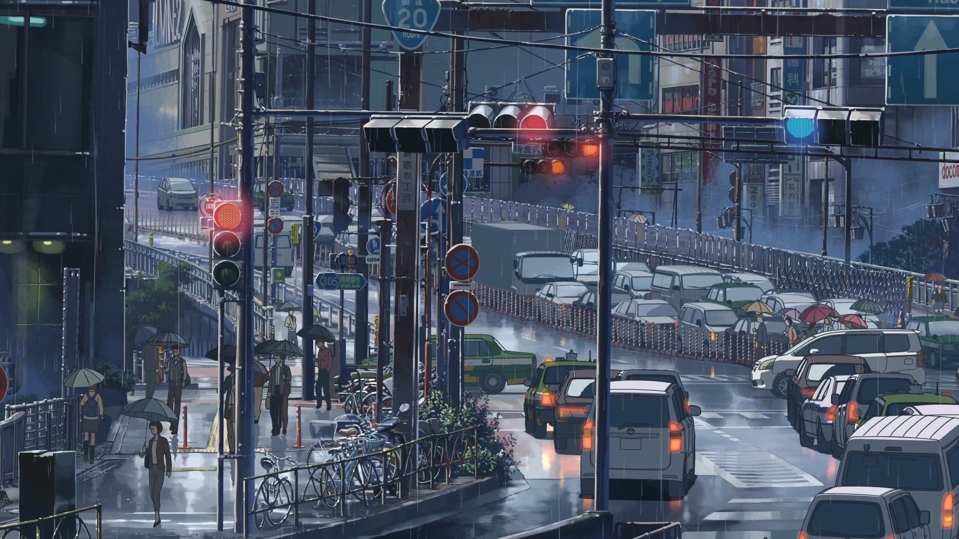Wallpaper / Japan, street, traffic, 1080P, detailed, cityscape, Makoto Shinkai, rain, The Garden of Words free download