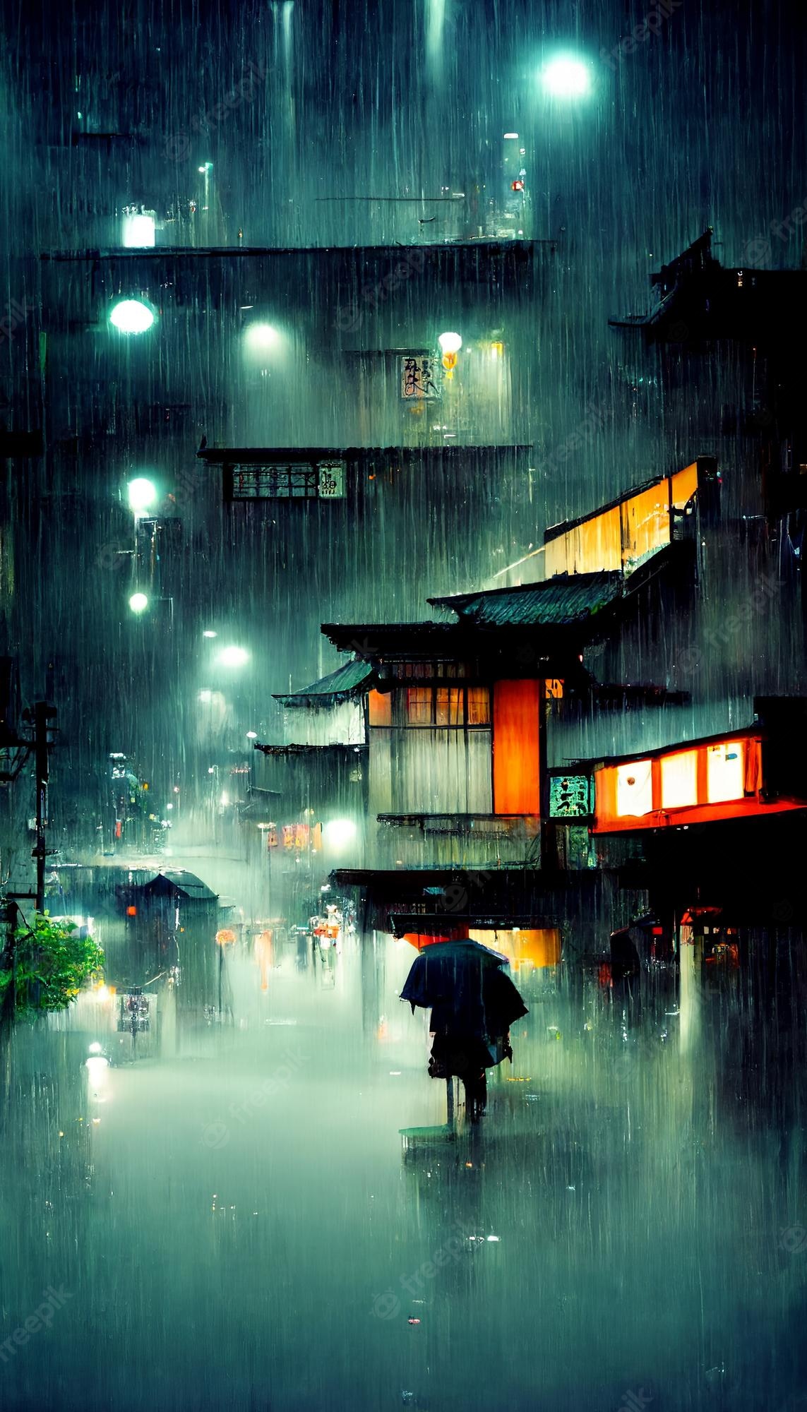Premium Photo. Night rainy japanese street silhouette of a man with an umbrella walking along the street abstract illustration