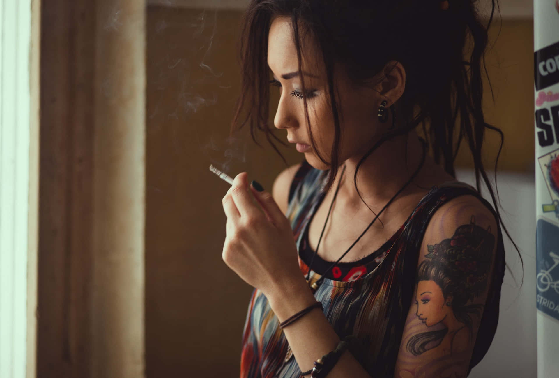 Download Tattooed Asian Girl Smoking Wallpaper