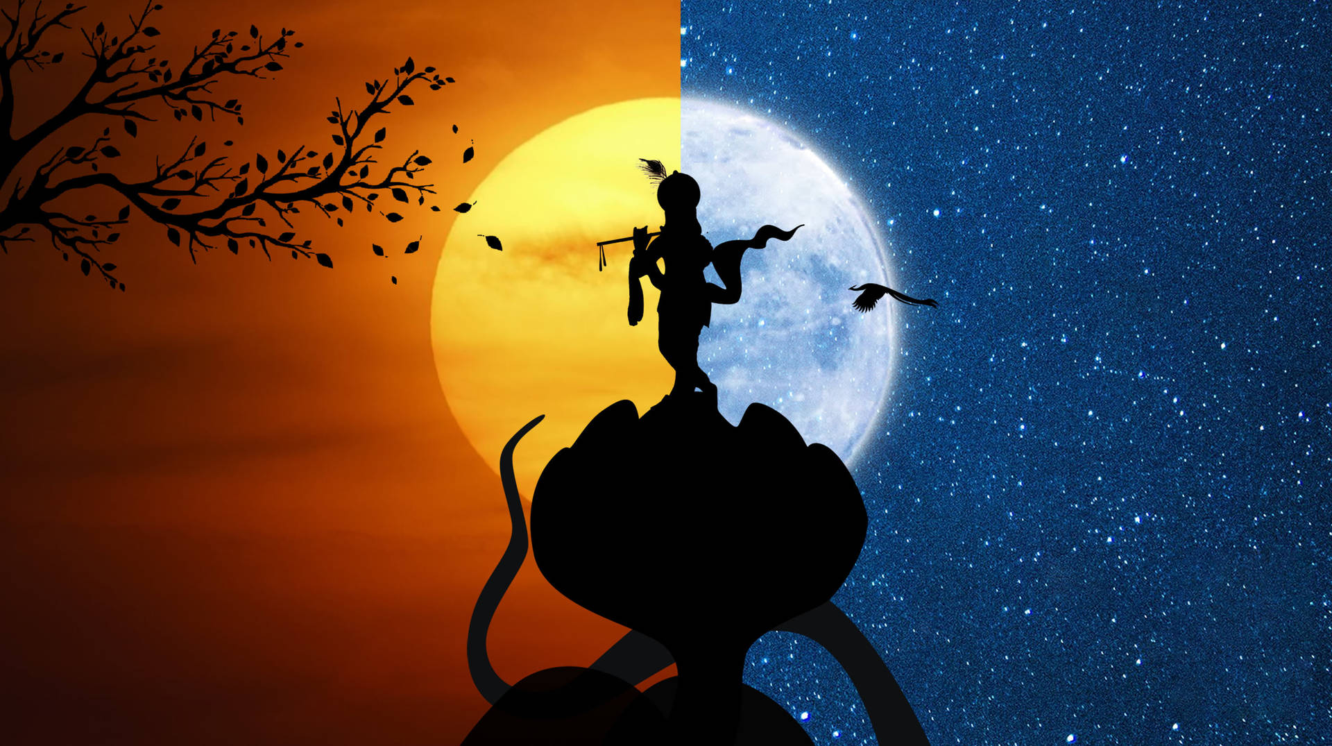 Download Shri Krishna Day And Night Silhouette Wallpaper
