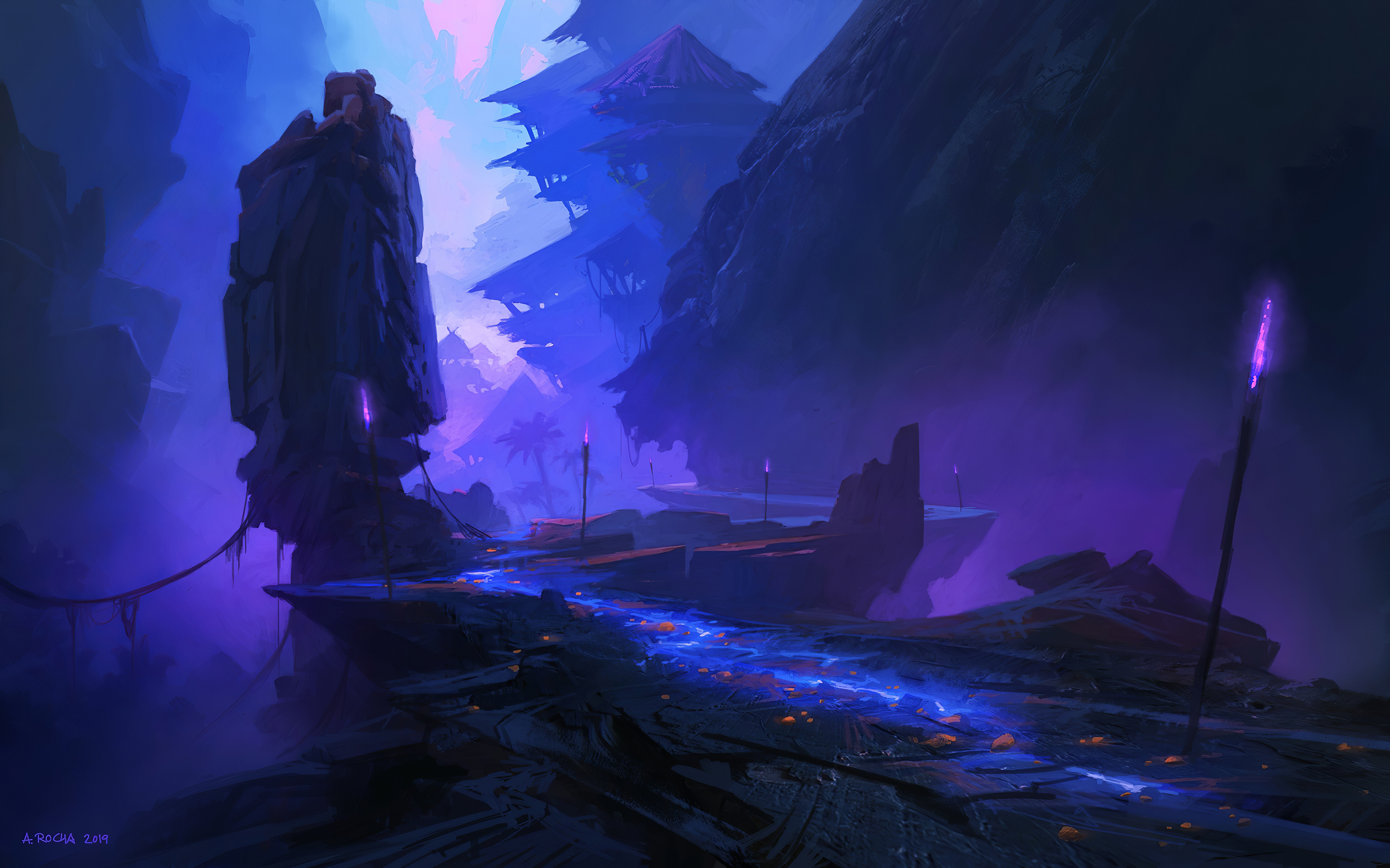 Wallpaper, digital art, artwork, illustration, purple background, rocks, architecture, fantasy art, wood, path, haze, hut, house, indigenous, structure, forest, trees, mist, tribe 3840x2400