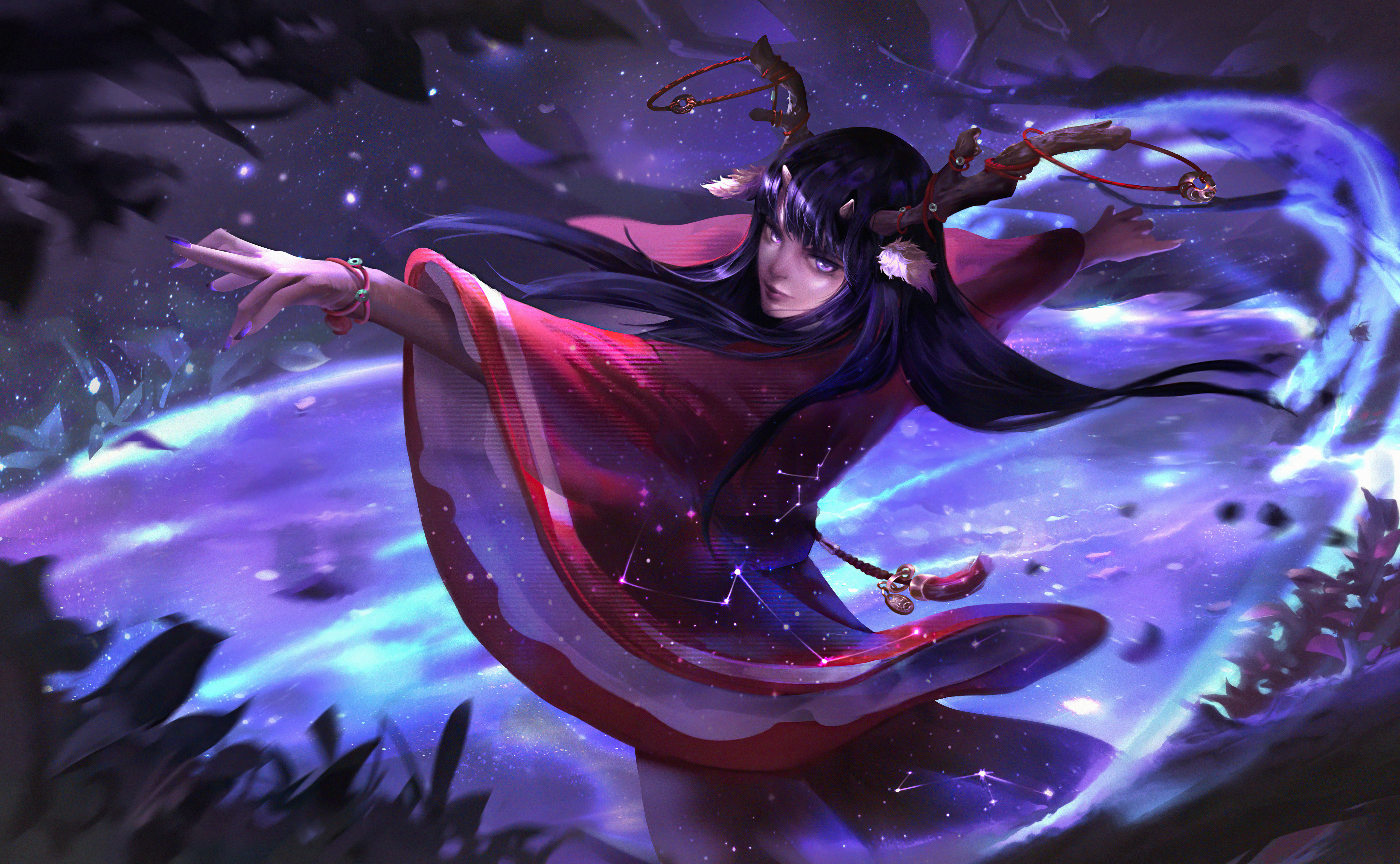 HD desktop wallpaper: Fantasy, Horns, Women, Purple Eyes, Purple Hair download free picture