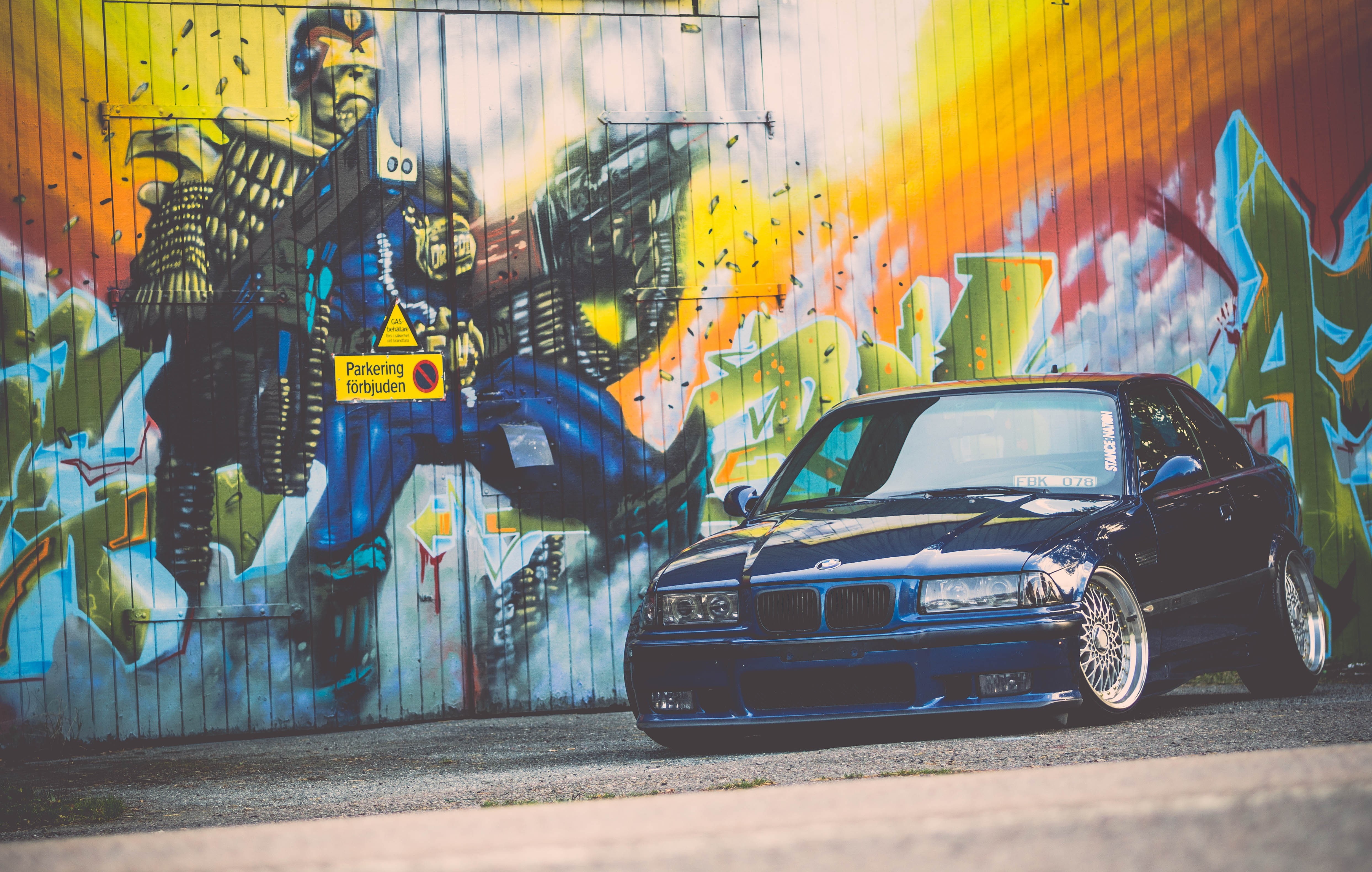 Wallpaper / bmw, Tuning, graffiti, M3, stance, 4K, e, E36, blue free download