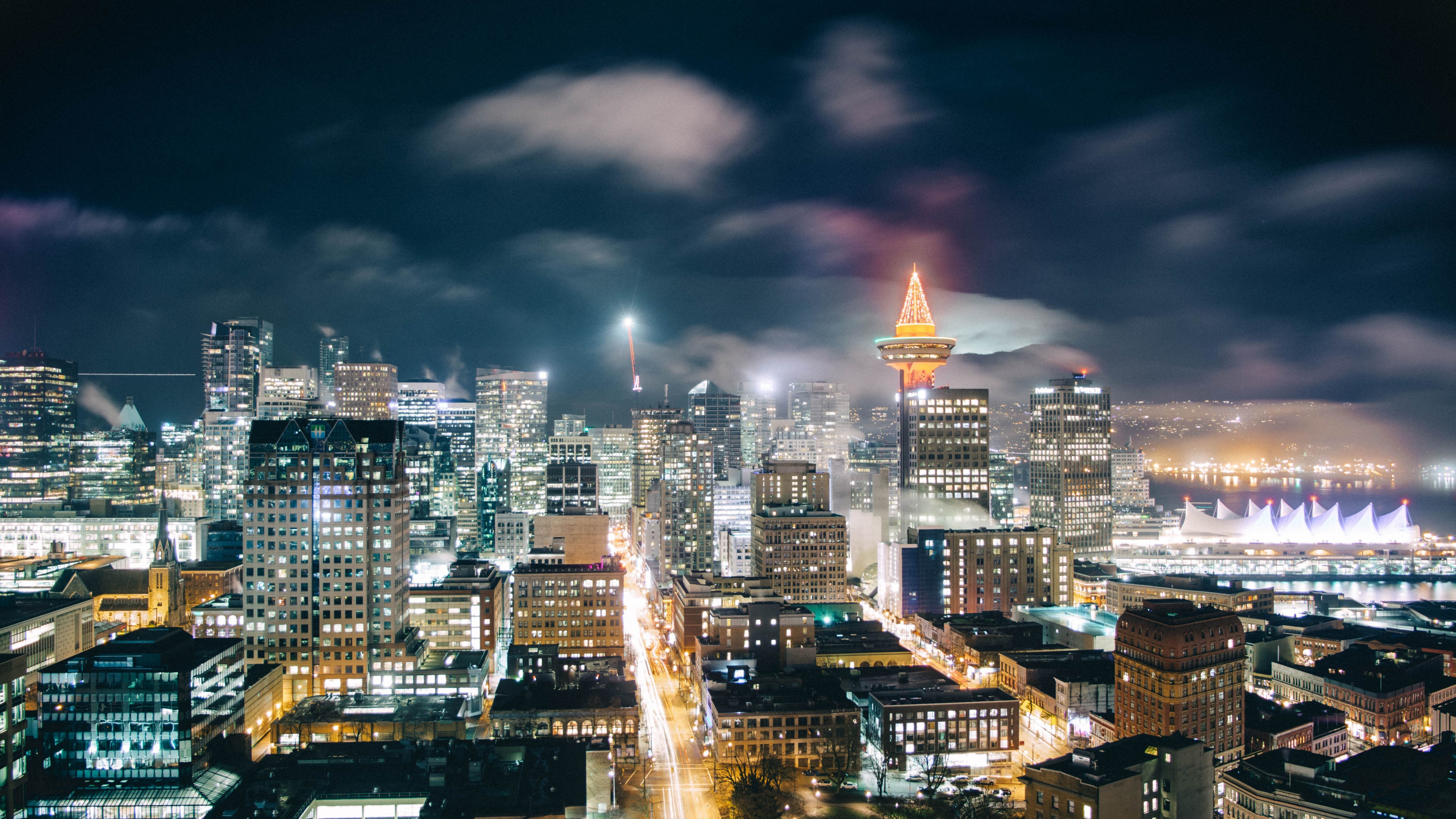 Download wallpaper 3840x2160 canada, city, night, cityscape, vancouver 4k wallpaper, uhd wallpaper, 16:9 widescreen 3840x2160 HD background, 16677