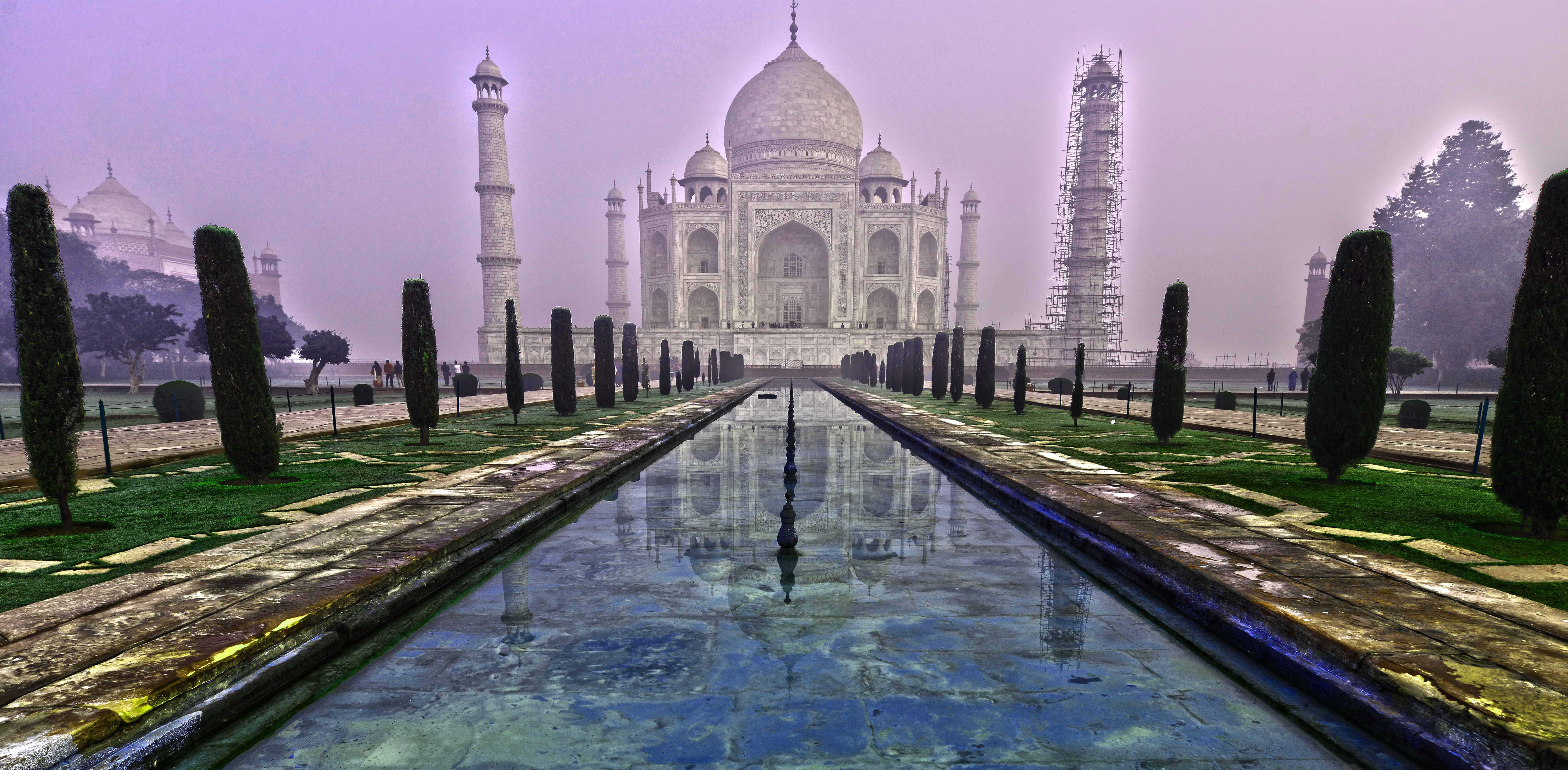Wallpaper, city, cityscape, building, India, morning, history, fog, landmark, waterway, place of worship, tajmahal, historicalbuilding, agraindia, protectedareas, sevenwondersworld 7360x3616