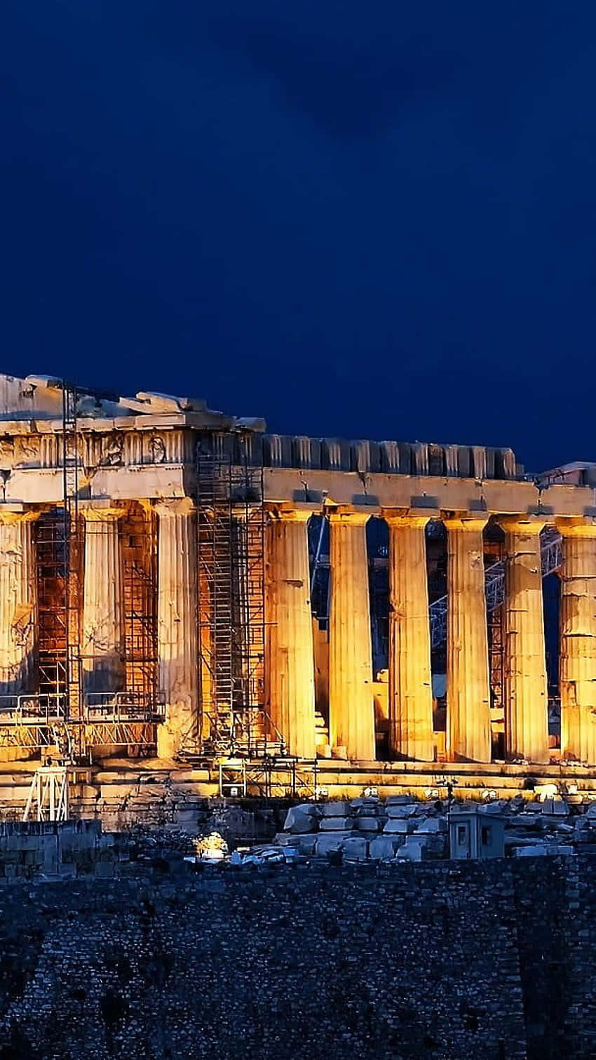 Download Parthenon Acropolis With Work Lights And Scaffolding Wallpaper
