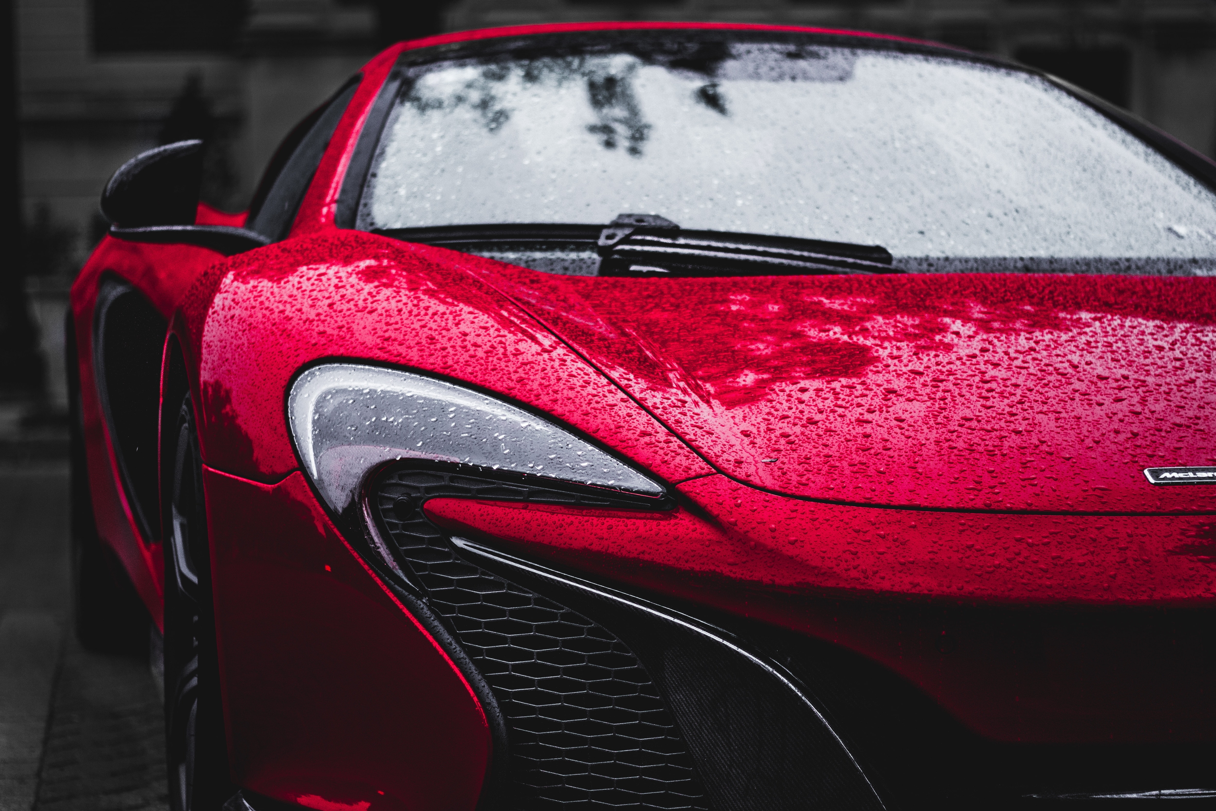 Wallpaper / supercar, front view, cars, water drops, rain, mclaren, 4K, Vehicle free download