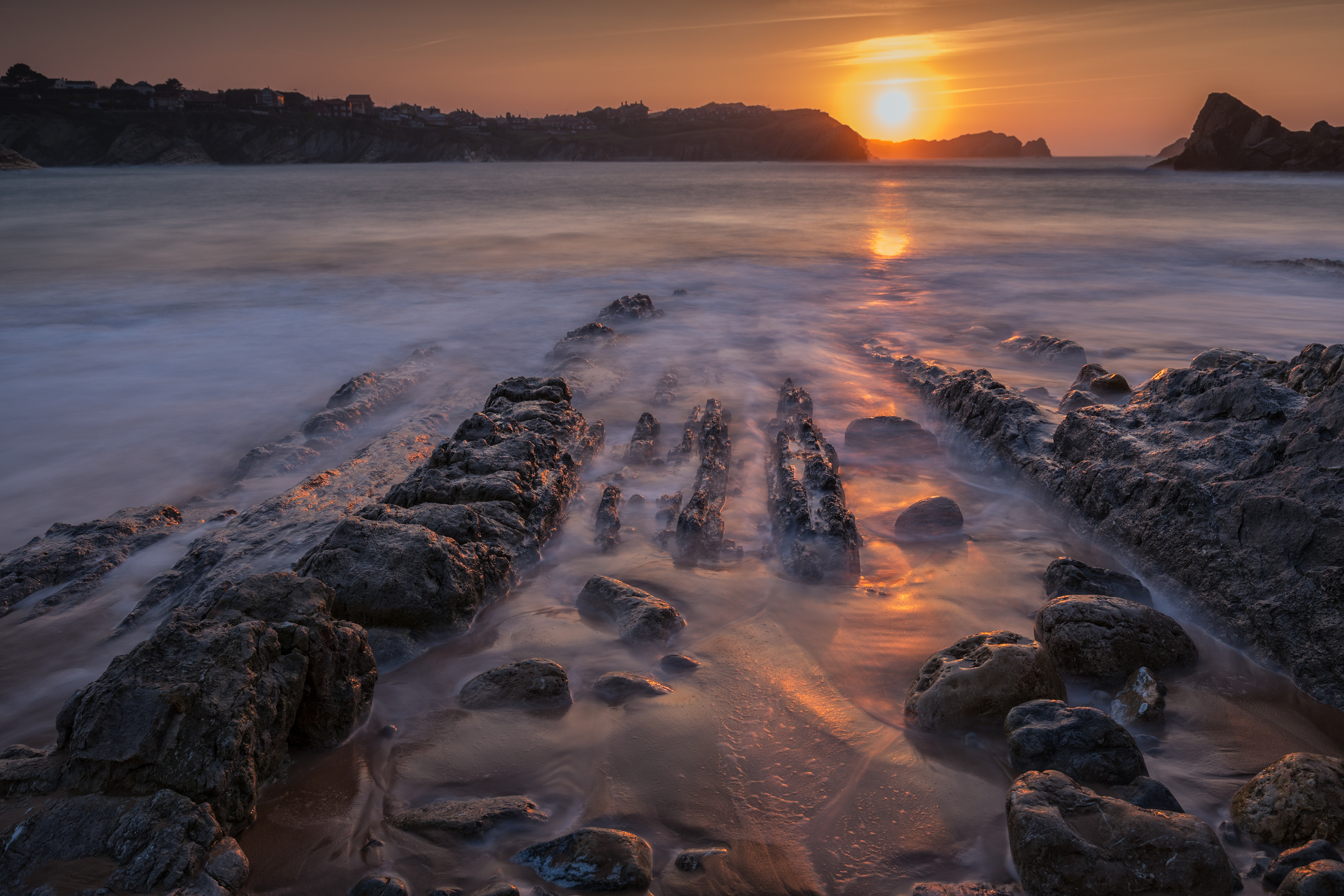 Wallpaper, sunset, dusk, natural, park, landscape, blue, sea, Tourism, ocean, coast, beautiful, nature, beauty, color, summer, background, sky, water, travel, beach, rocks, cape, light, colorful, season, outdoor, Nobody, vacation, horizontal, wave