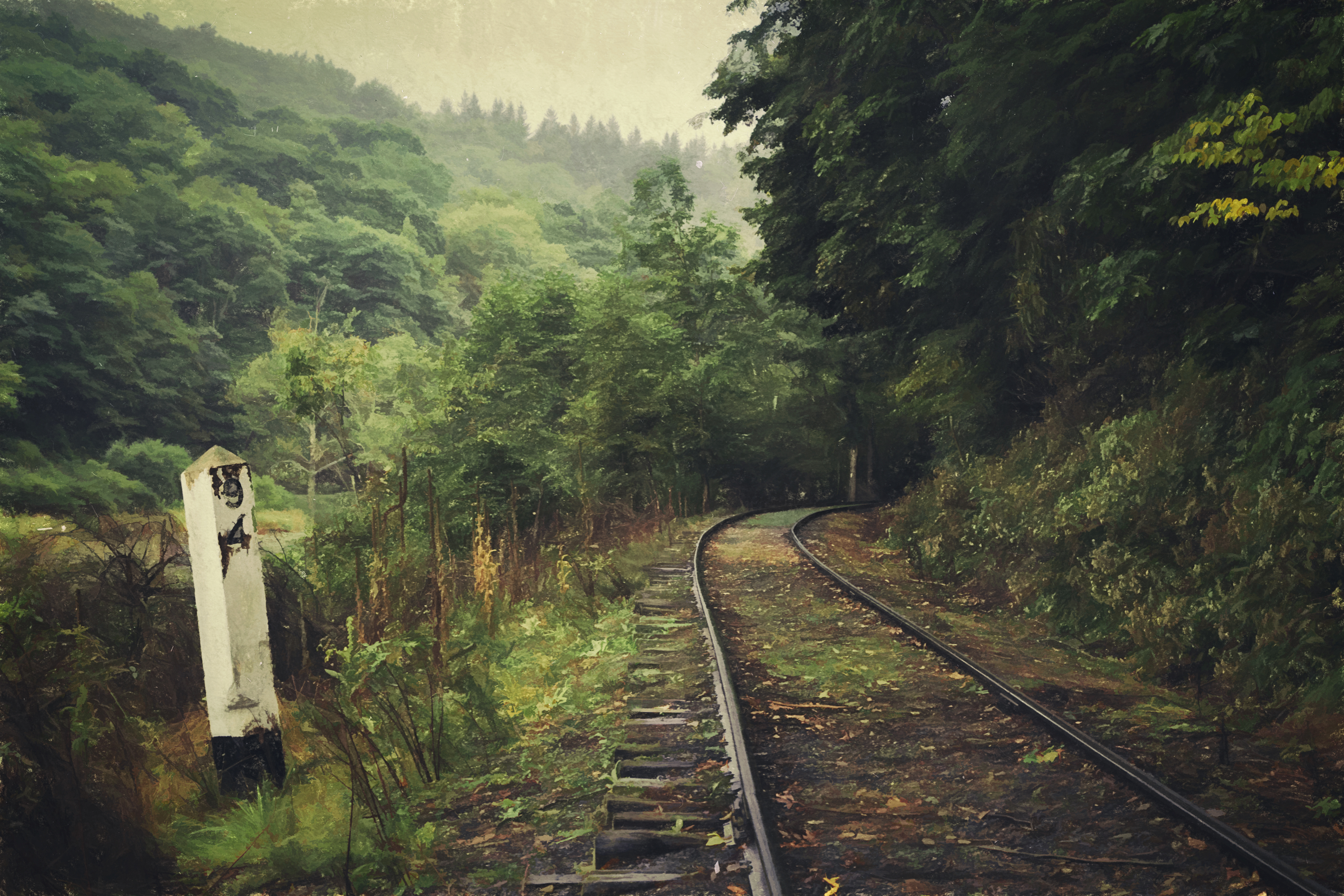 Wallpaper, railroad, summer, mist, green, forest, woods, tracks, CC, westvirginia, Marker, attribution, milepost, durbin, canoneos60d, dbnunley 3600x2400