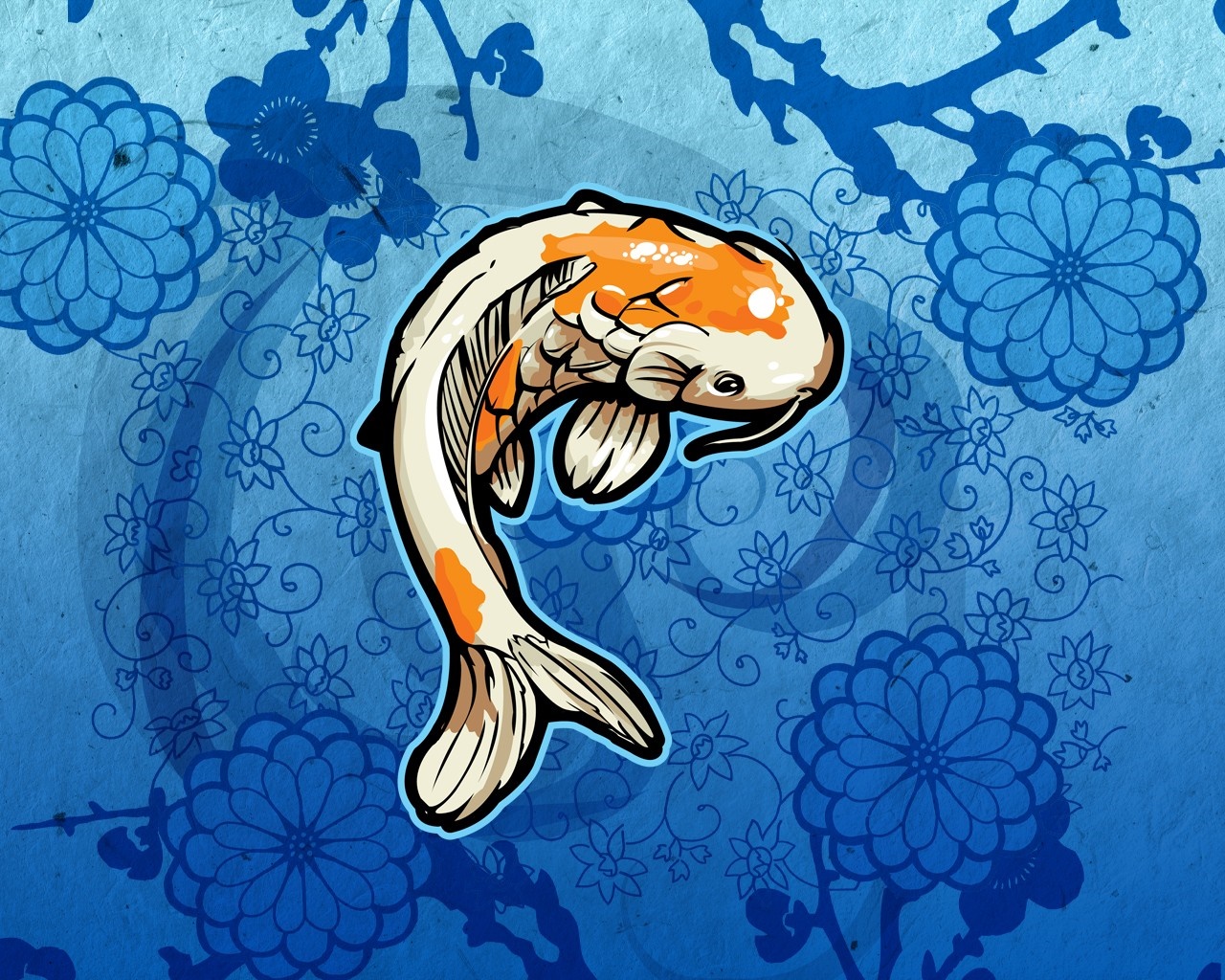 drawing, illustration, animals, flowers, water, plants, fish, cartoon, koi, floral, sketch Gallery HD Wallpaper
