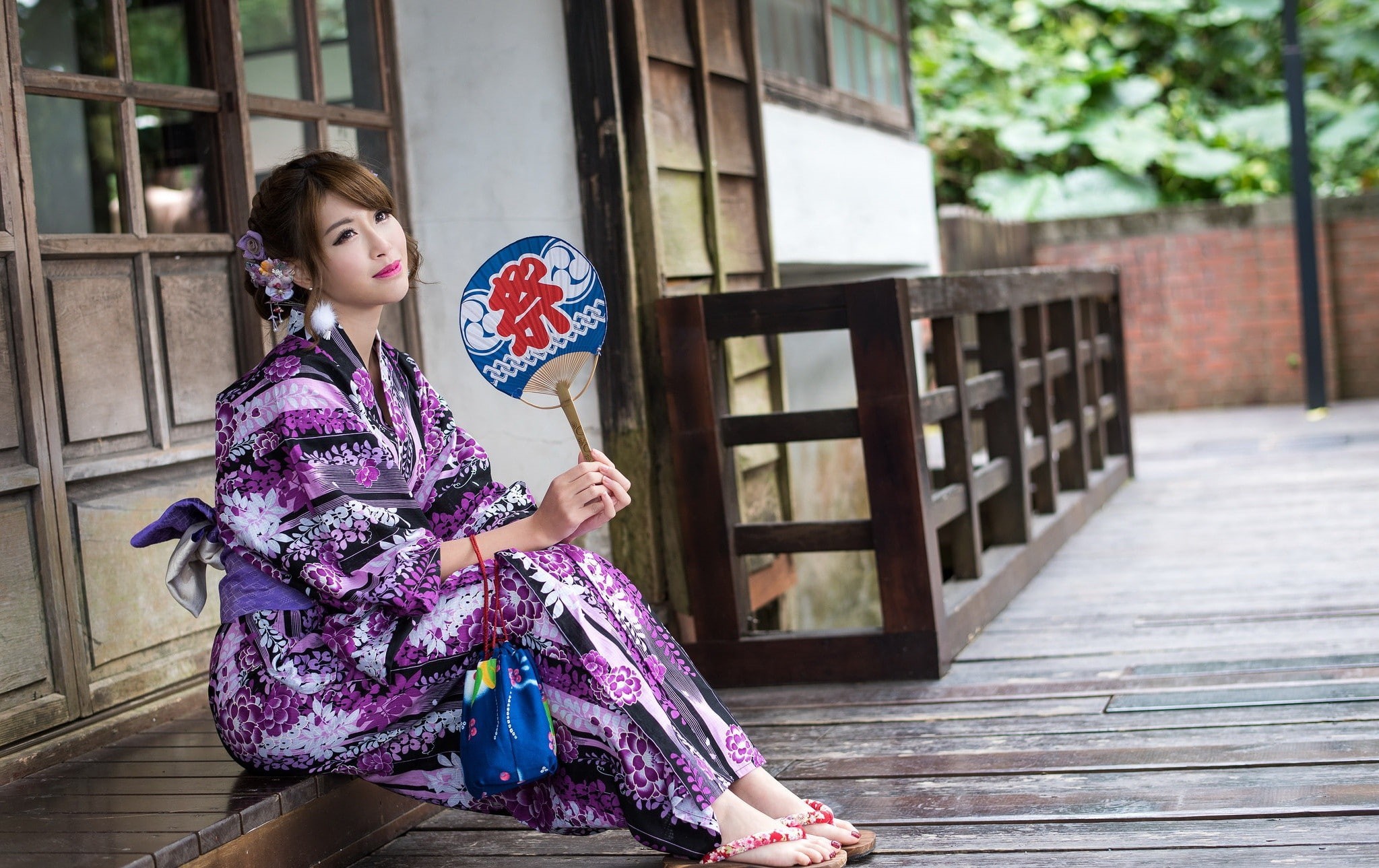 Wallpaper / women, auburn hair, looking away, dress, Japanese kimono, 1080P, women outdoors, house, Asian, sitting free download