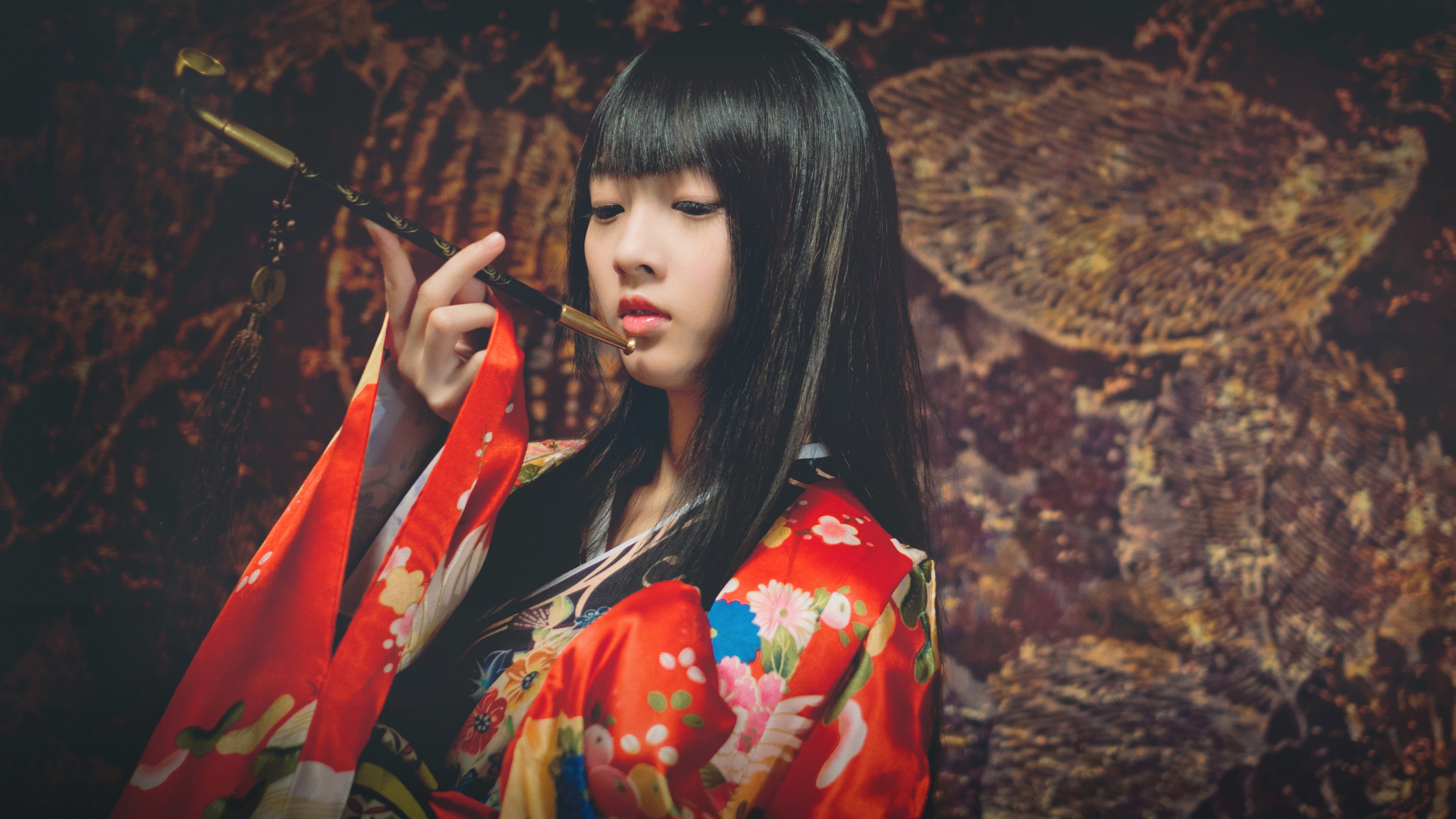 Wallpaper Japanese girl, kimono dress, smoking 3840x2160 UHD 4K Picture, Image