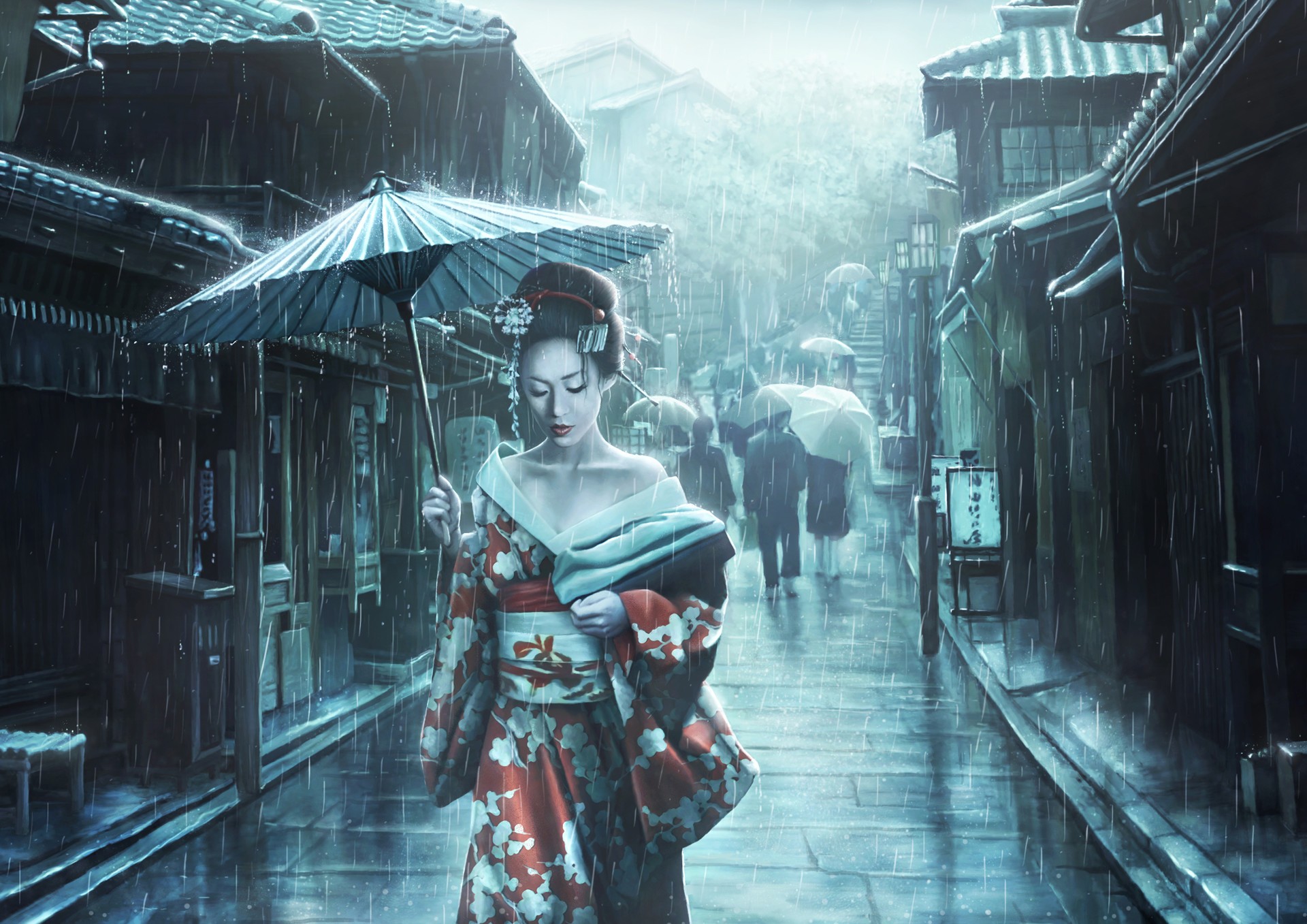 artwork women asian asian architecture rain geisha street umbrella japanese umbrella dress kimono Gallery HD Wallpaper