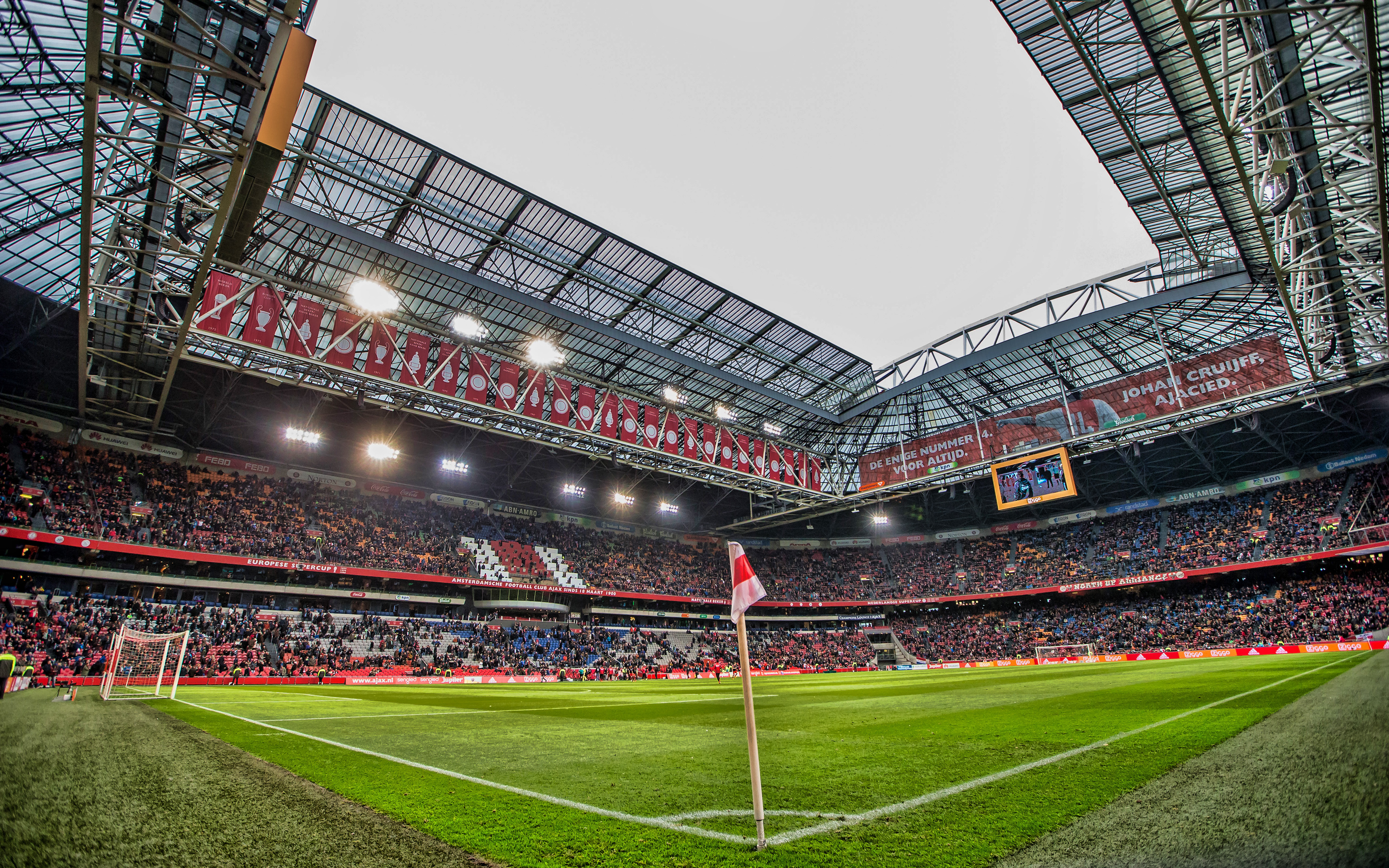Download wallpaper Amsterdam Arena, 4k, Johan Cruijff Arena, Ajax stadium, match, Amsterdam, soccer, football stadium, Ajax FC for desktop with resolution 3840x2400. High Quality HD picture wallpaper