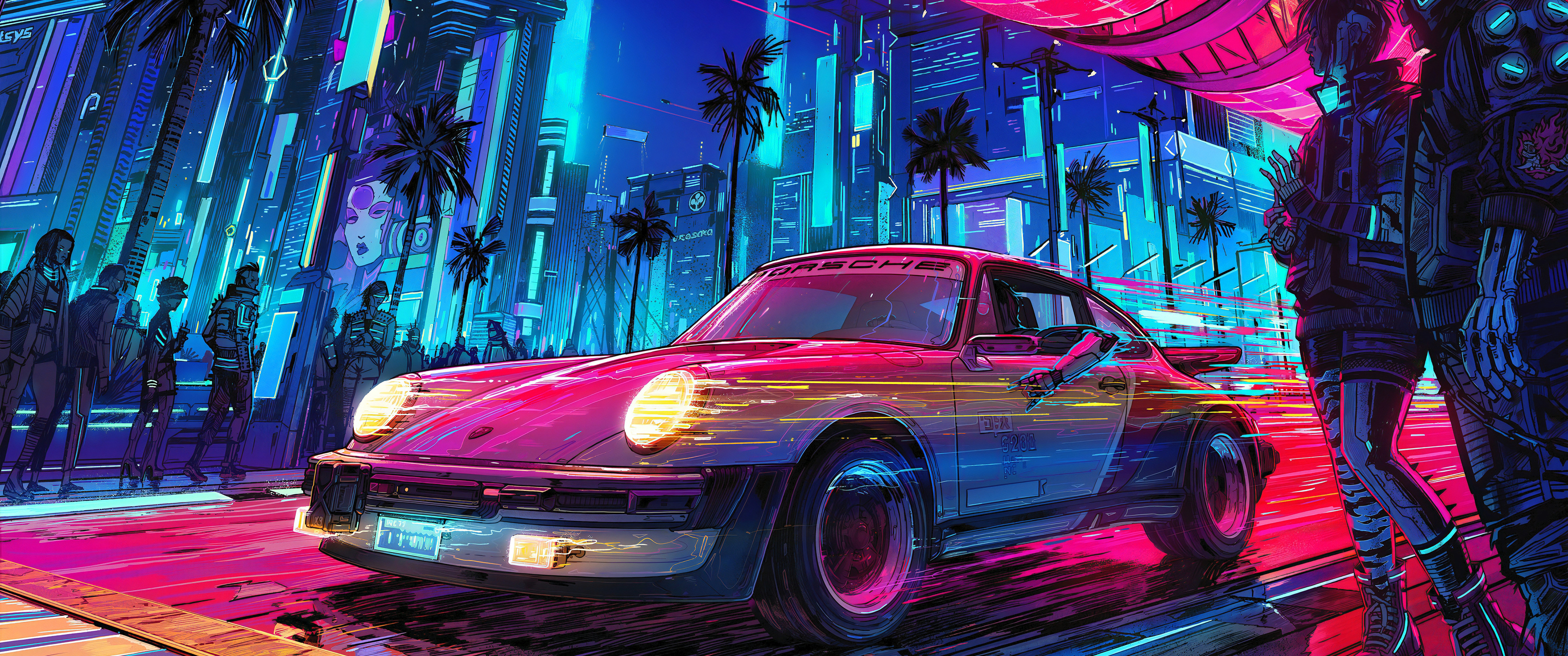Download Porsche 911, Cyberpunk, Art Wallpaper in 3440x1440 Resolution