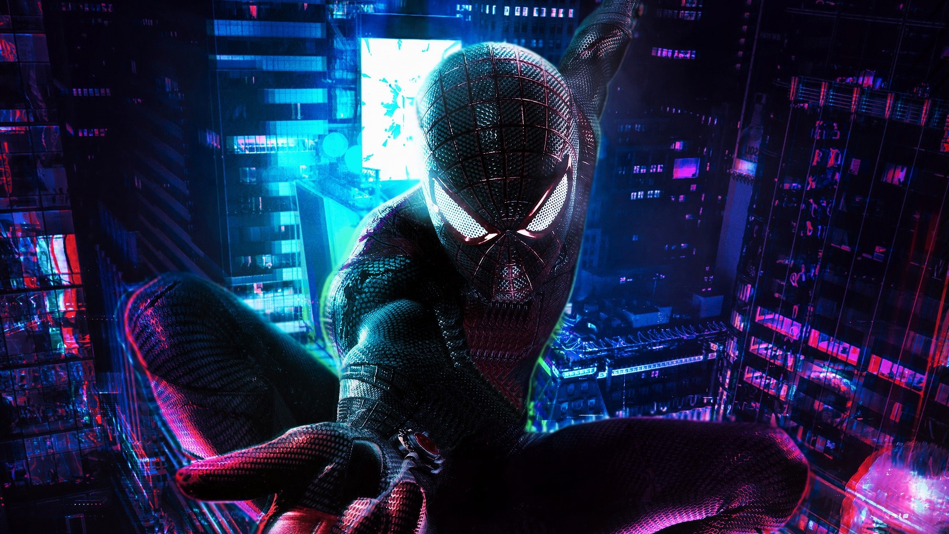 Wallpaper / Spider Man, Marvel Comics, Digital Art, Cyan, Pink, Purple, Dark Free Download