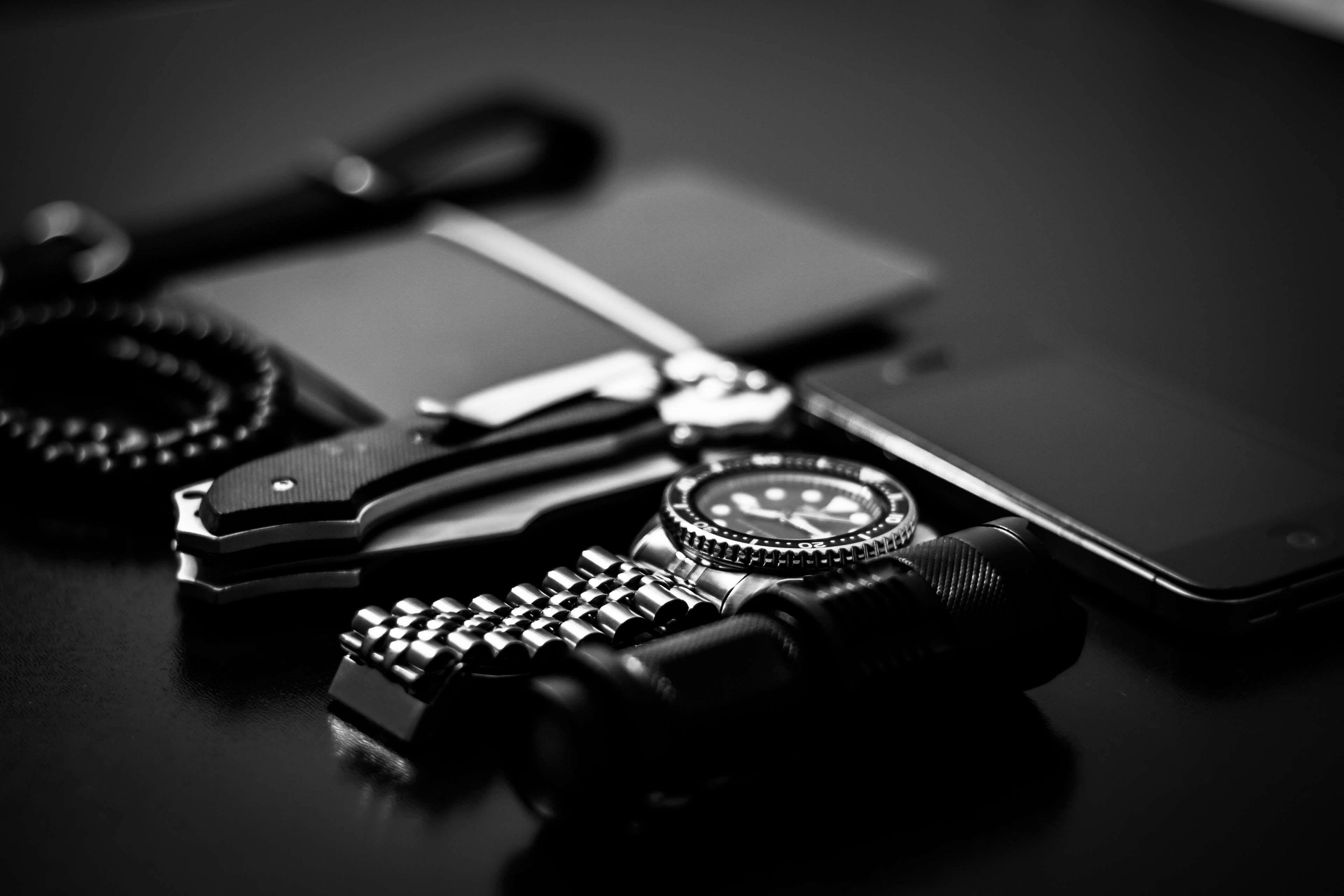 black and white, chrome, close up, dark, electronics, equipment, gadgets, indoors, luxury, shadow, steel, technology, watch 4k Gallery HD Wallpaper