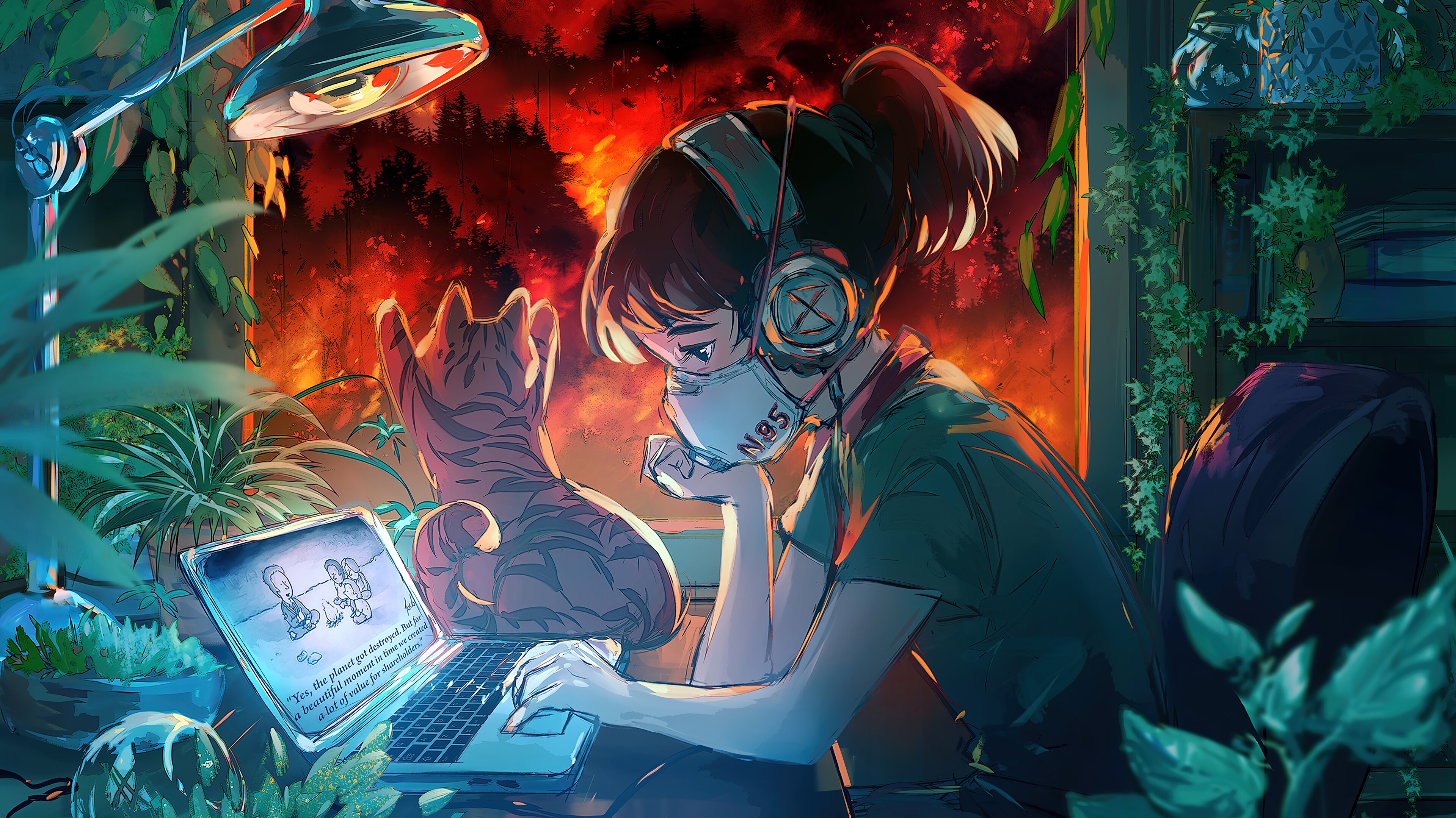 wallpaper, anime, girl, laptop, mask, cat, 4k, HD Gallery HD Wallpaper