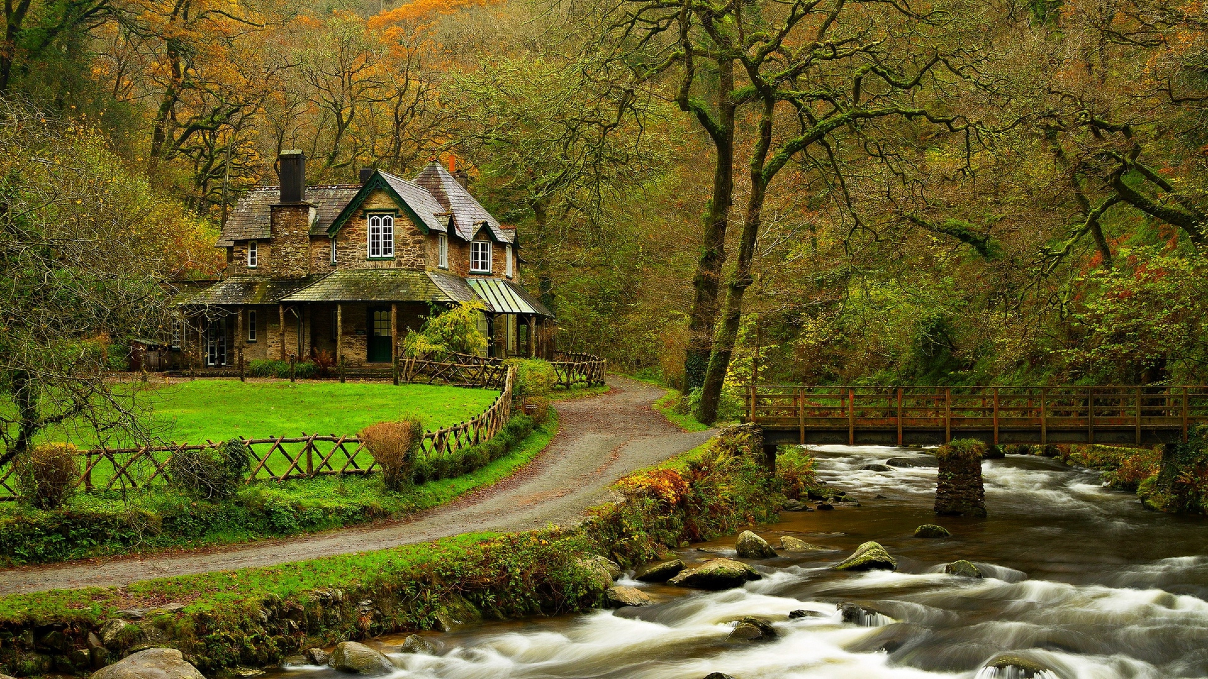 Beautiful house next to the river HD Wallpaper 4K Ultra HD