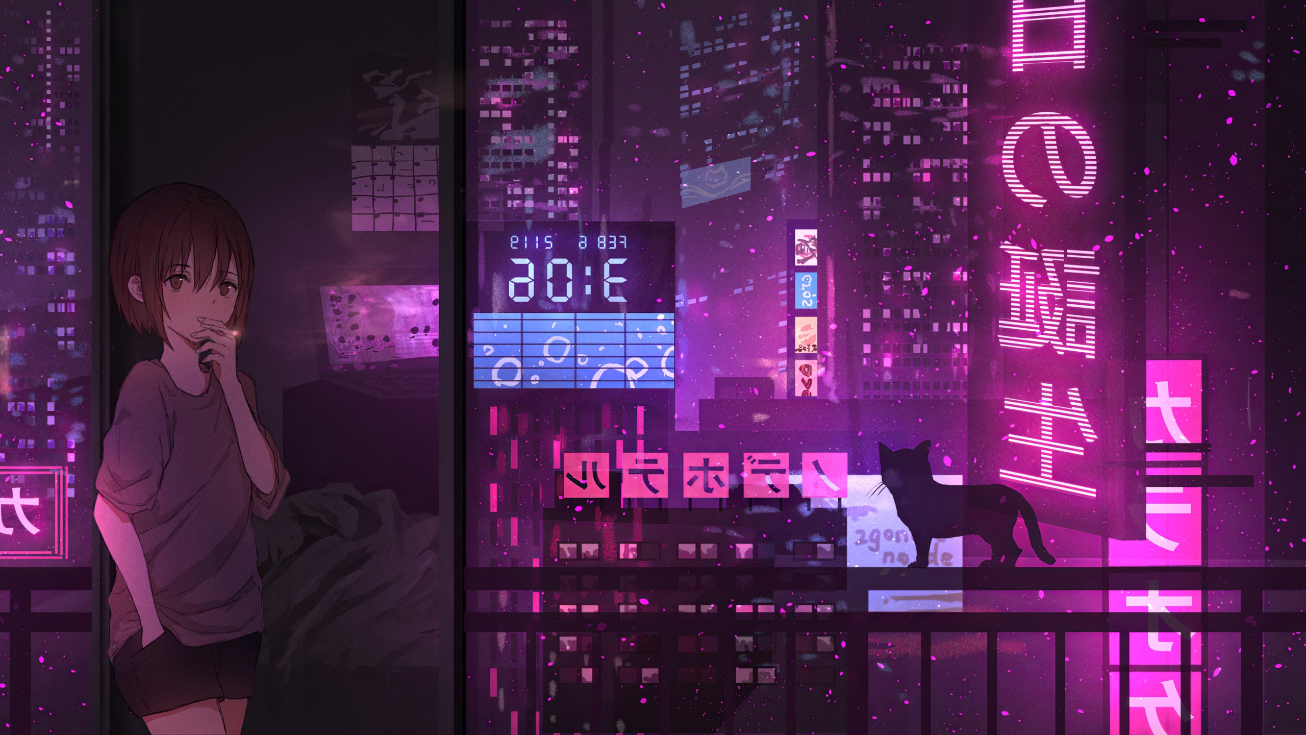 Wallpaper 4k Neon Night Anime Girl Cat Wallpaper