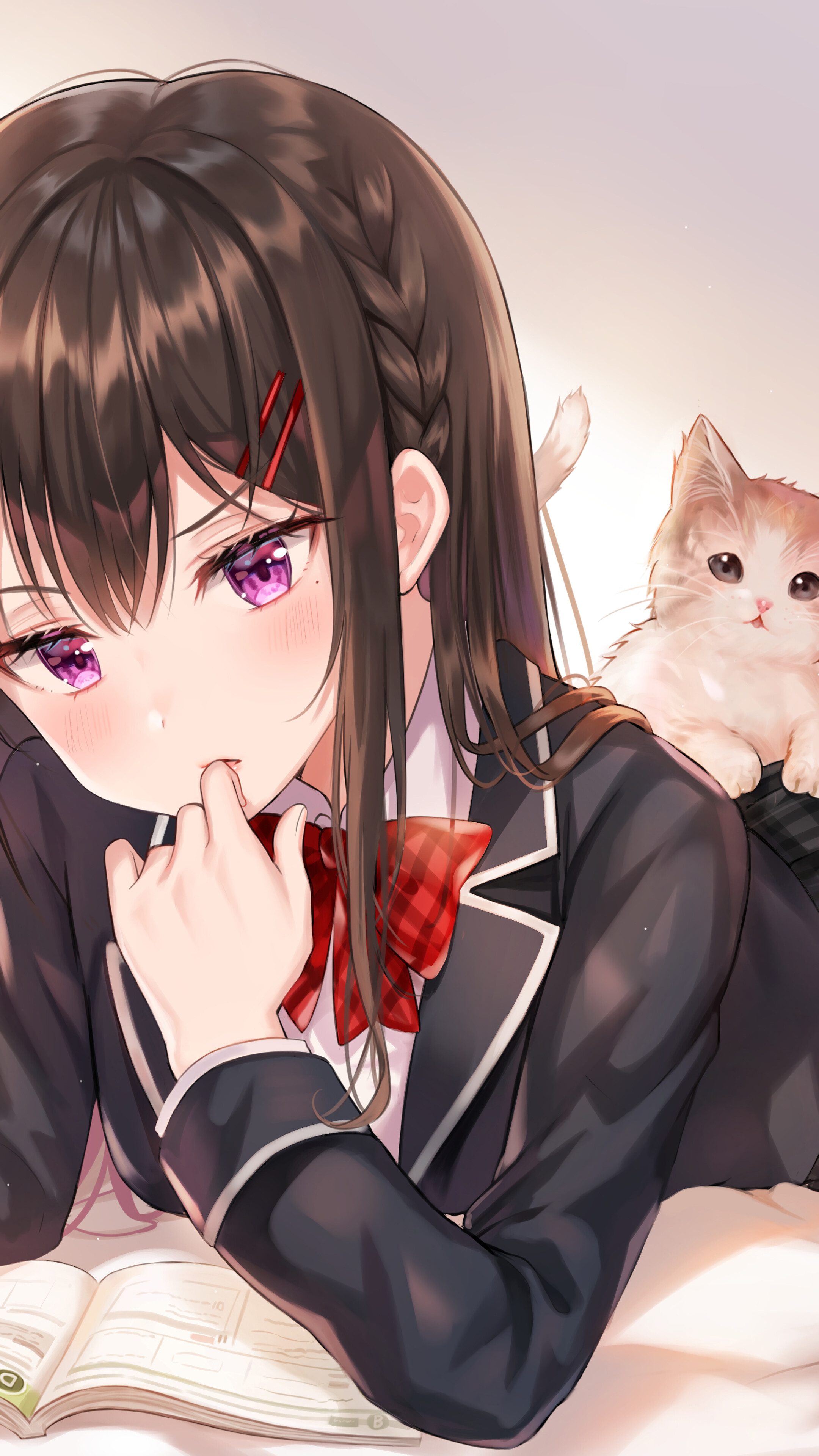 Anime, Girl, Studying, Student, Uniform, Cute, Cat, 4k Gallery HD Wallpaper