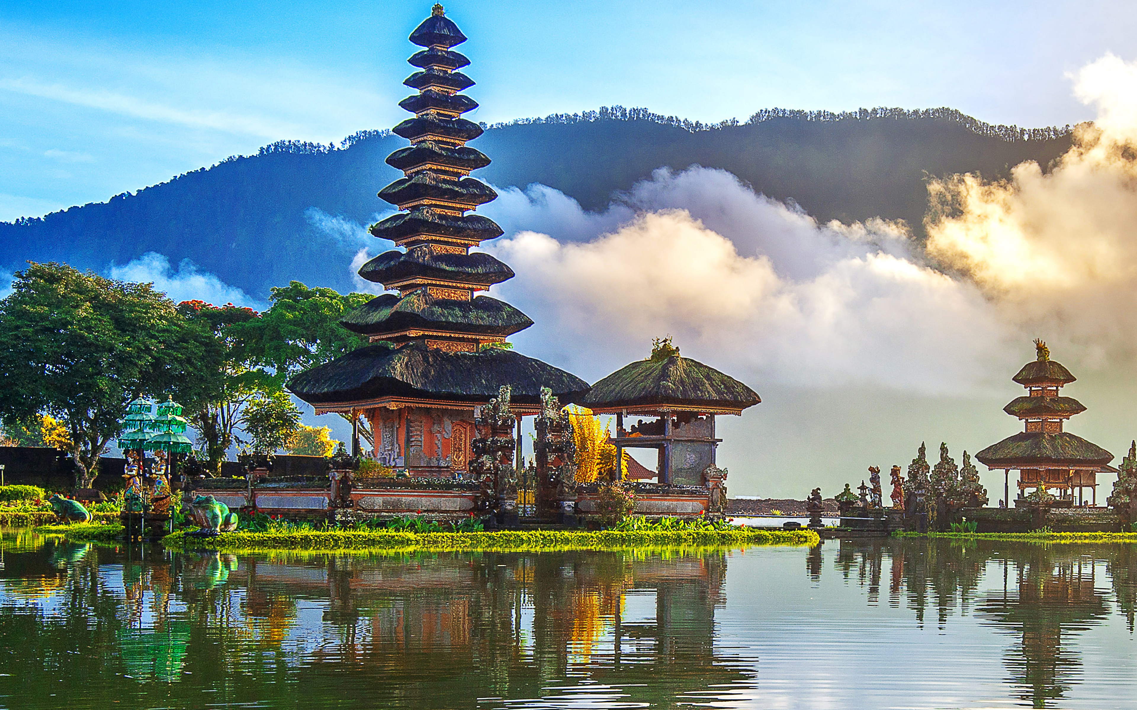 Download wallpaper Pura Ulun Danu Bratan Temple, 4k, Shaivite water temple, Pura Bratan, Bali, Indonesia, Lake Bratan for desktop with resolution 3840x2400. High Quality HD picture wallpaper