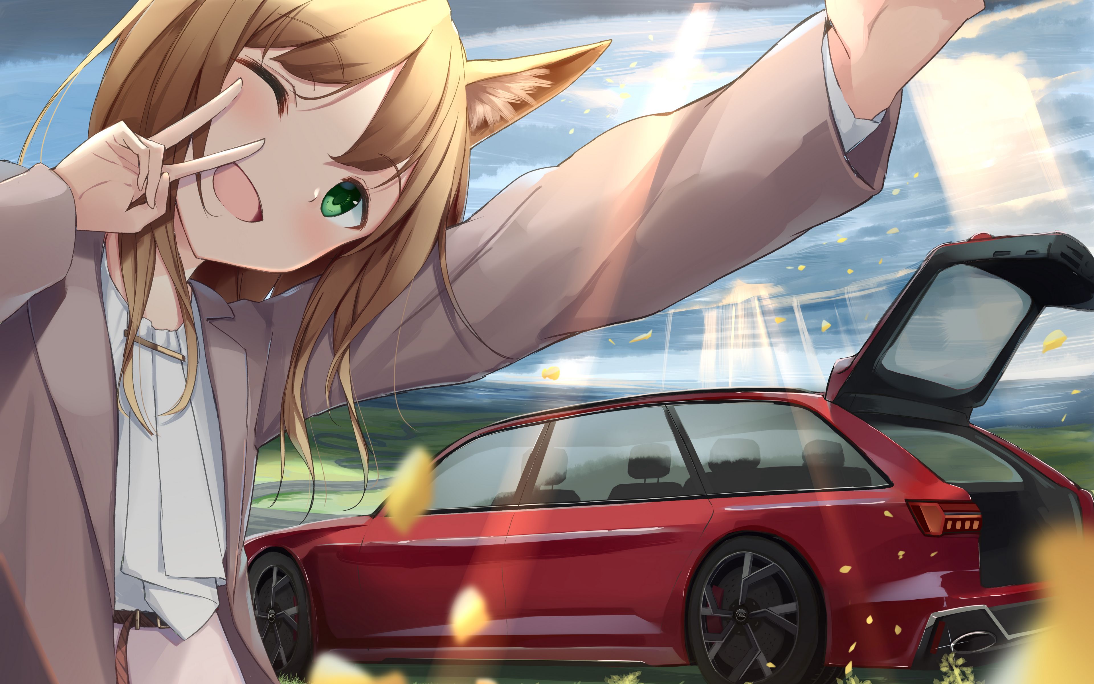 Download wallpaper 3840x2400 girl, smile, neko, gesture, selfie, car, anime 4k ultra HD 16:10 HD background