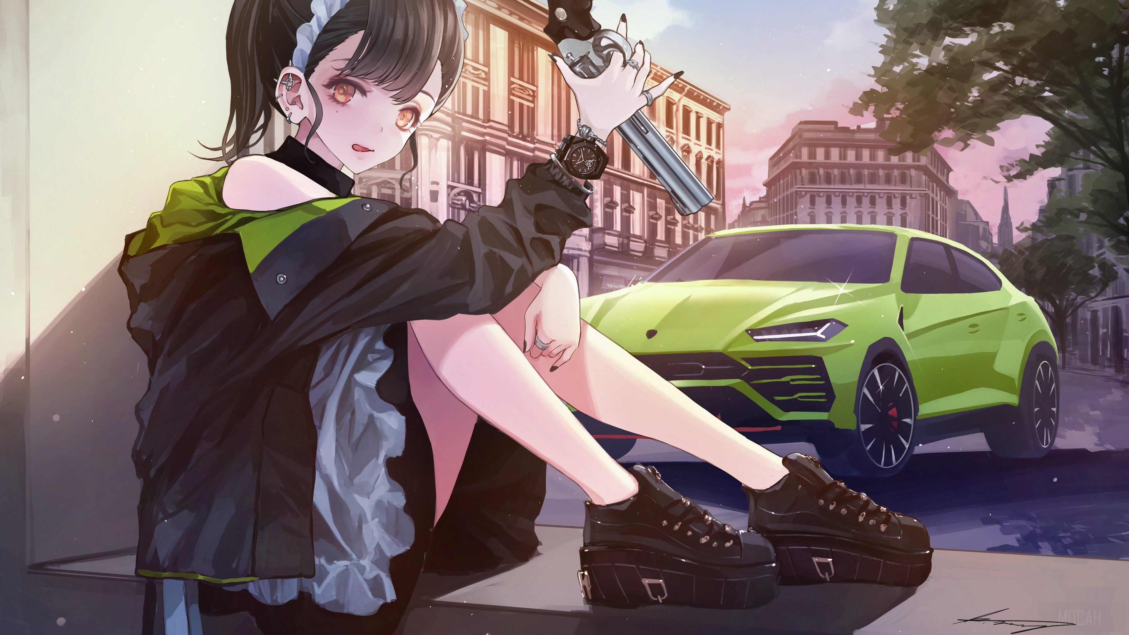 Car, Girl, Gun, Lamborghini, Maid 4k Gallery HD Wallpaper